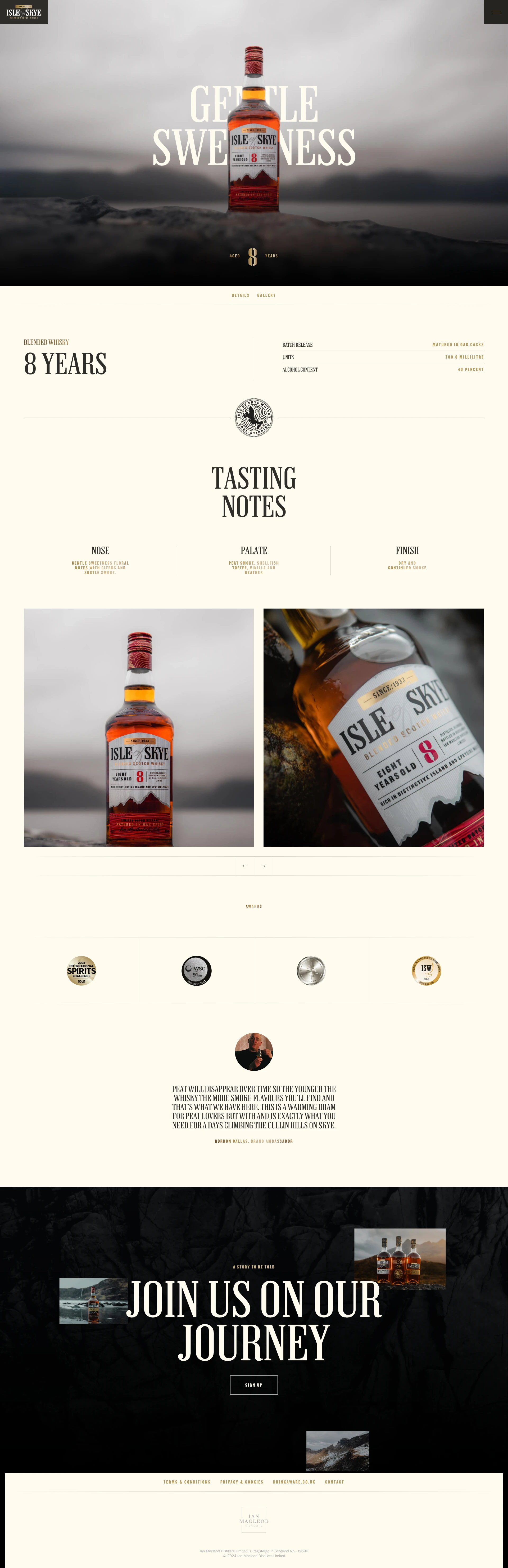 Isle of Skye Whisky Landing Page Example: It was on Skye that Ian Macleod knew he had something special to share. In the shadows of the Cuillin hills, he perfected his secret family recipe.