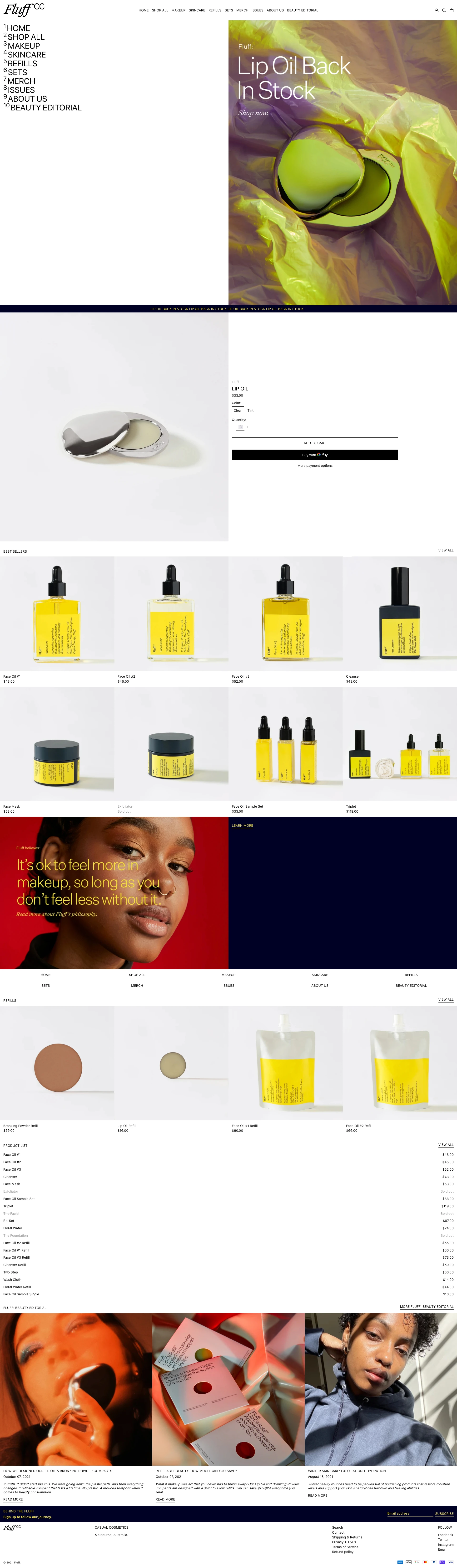 Fluff Landing Page Example: Refillable, Vegan, Cruelty-Free Australian owned Beauty and Skincare. It's ok to feel more with makeup, so long as you don't feel less without it.