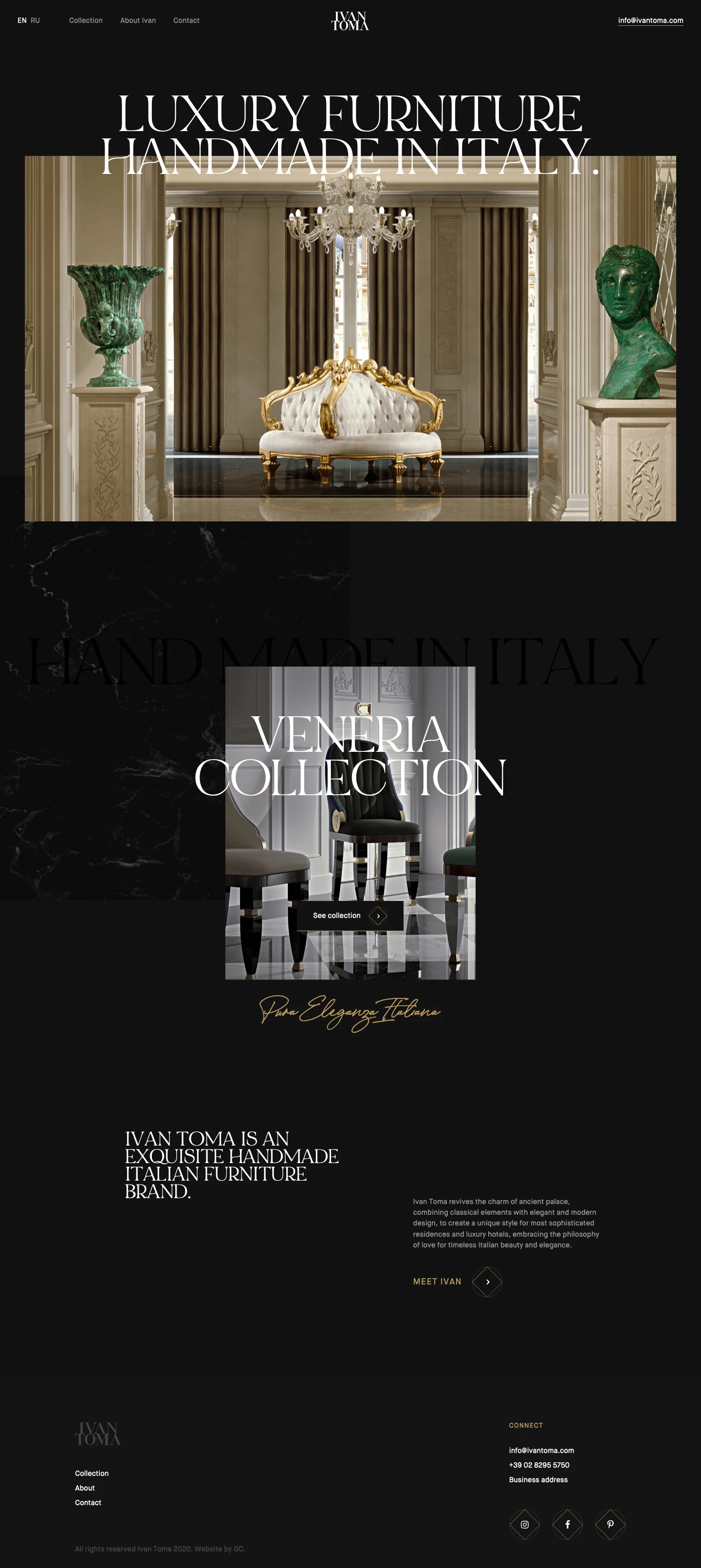 Ivan Toma Landing Page Example: Ivan Toma revives the charm of ancient palaces, combining classical elements with elegant and modern design, to create a unique style for the most sophisticated residences and luxury hotels, embracing the philosophy of love for timeless Italian beauty and elegance.