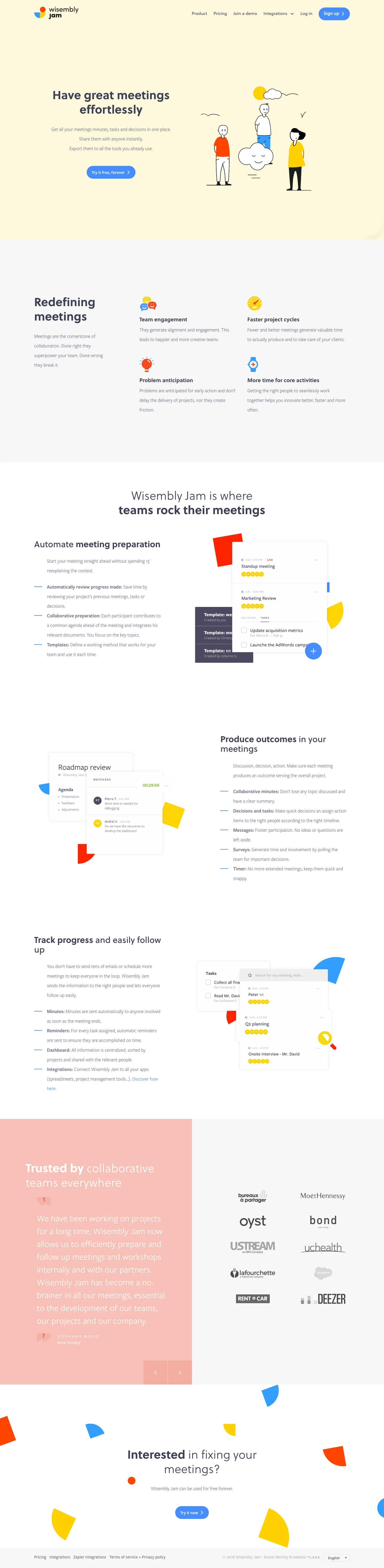 Wisembly Jam Landing Page Example: Have great meetings effortlessly. Get all your meetings minutes, tasks and decisions in one place. Share them with anyone instantly. Export them to all the tools you already use.