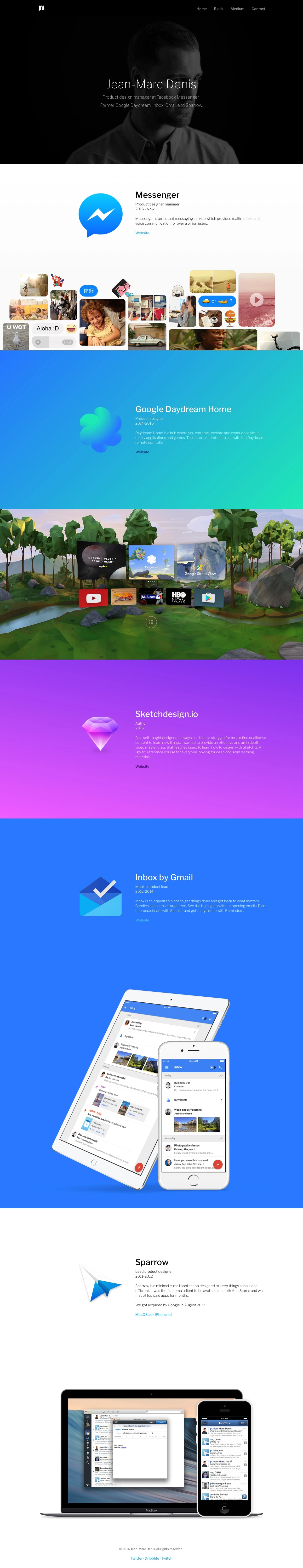 Jean-Marc Denis Landing Page Example: Product design manager at Facebook Messenger. Former Google Daydream, Inbox, Gmail and Sparrow.