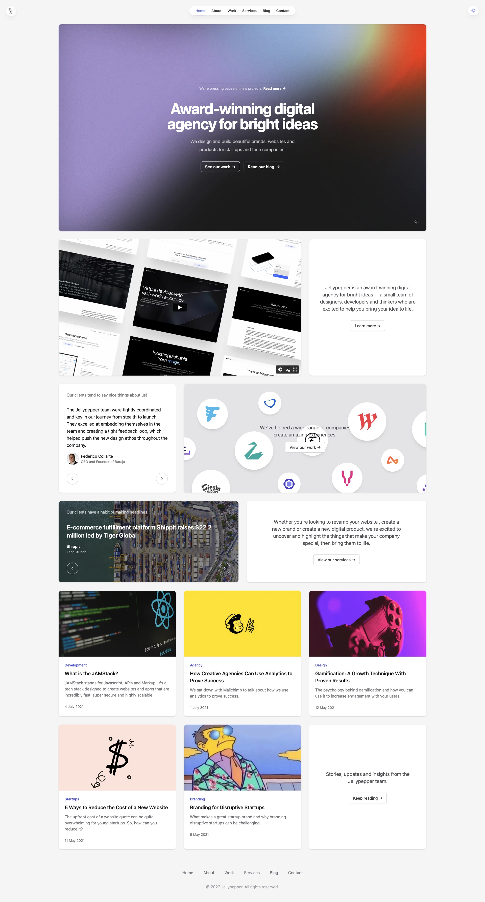 Jellypepper Landing Page Example: Award-winning digital agency for bright ideas. We design and build beautiful brands, websites and products for startups and tech companies.