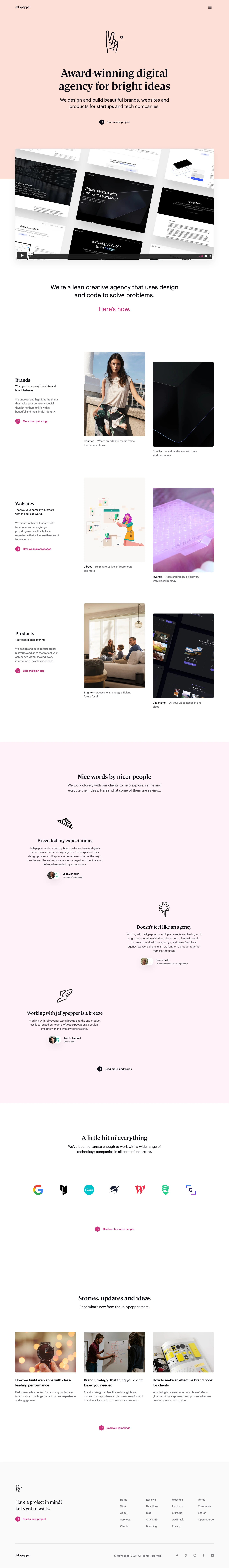 Jellypepper Landing Page Example: Award-winning digital agency for bright ideas. We design and build beautiful brands, websites and products for startups and tech companies.