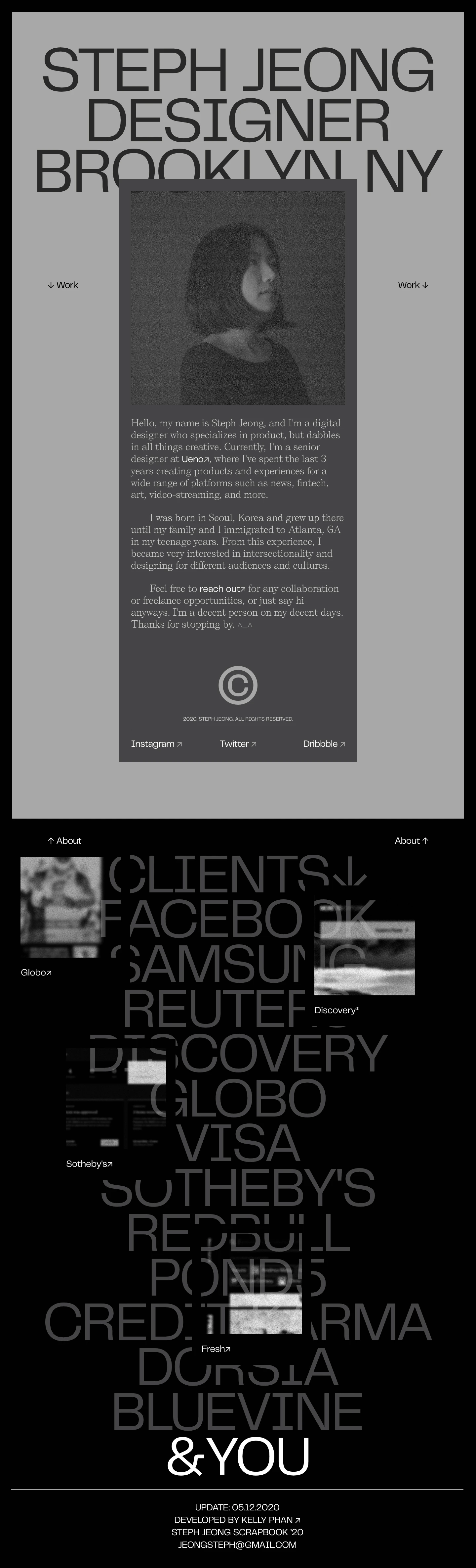 Stephanie Jeong Landing Page Example: Hello, my name is Steph Jeong, and I'm a digital designer who specializes in product, but dabbles in all things creative. Currently, I'm a senior designer at Ueno, where I've spent the last 3 years creating products and experiences for a wide range of platforms such as news, fintech, art, video-streaming, and more.