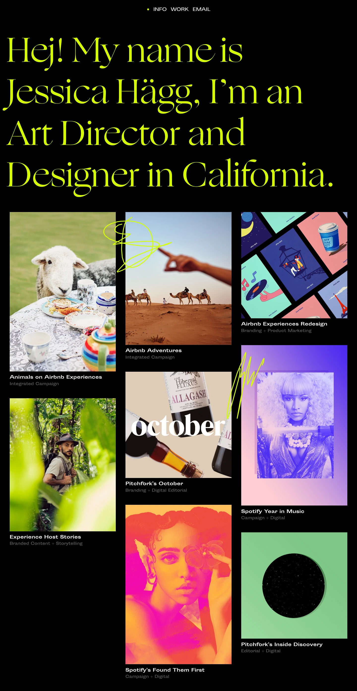 Jessica Hägg Landing Page Example: Swedish Art Director and Designer experienced in the intersection between product, brand, editorial design and marketing. I spend my days collaborating with creatives, designers, producers, editors and marketers focusing on launching products, developing campigns and making branded content that's fresh and fun. Based in San Francisco, CA.