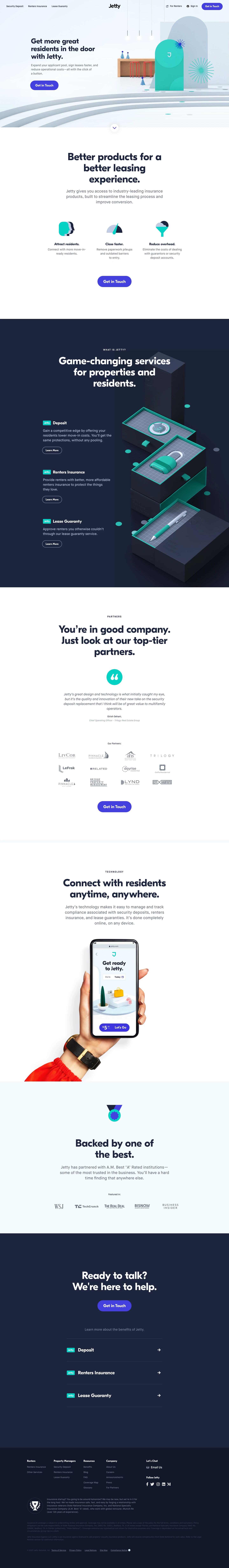 Jetty Landing Page Example: Get more great residents in the door with Jetty. Expand your applicant pool, sign leases faster, and reduce operational costs—all with the click of a button.
