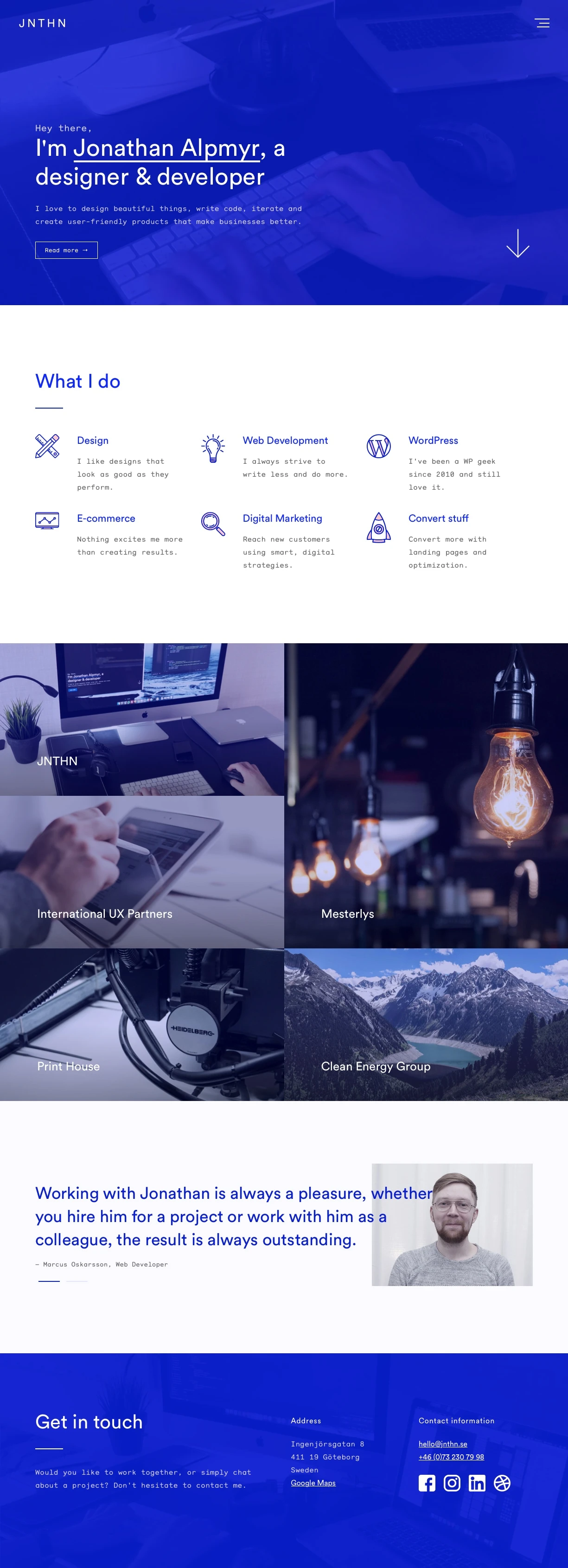 Jonathan Alpmyr Landing Page Example: I love to design beautiful things, write code, iterate and create user-friendly products that make businesses better.