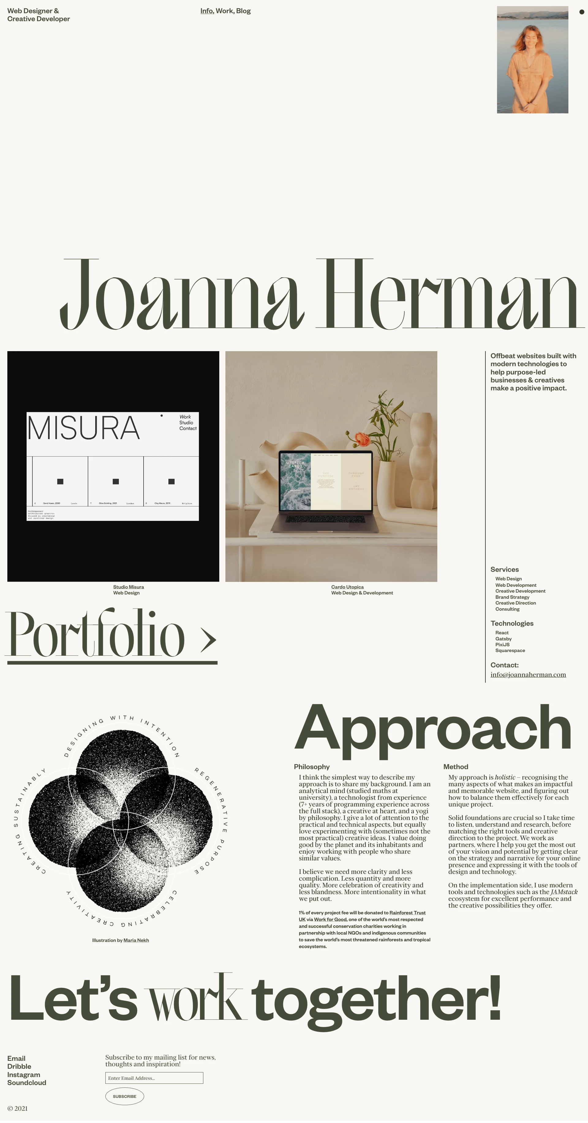 Joanna Herman Landing Page Example: I believe we need more clarity and less complication. Less quantity and more quality. More celebration of creativity and less blandness. More intentionality in what we put out.