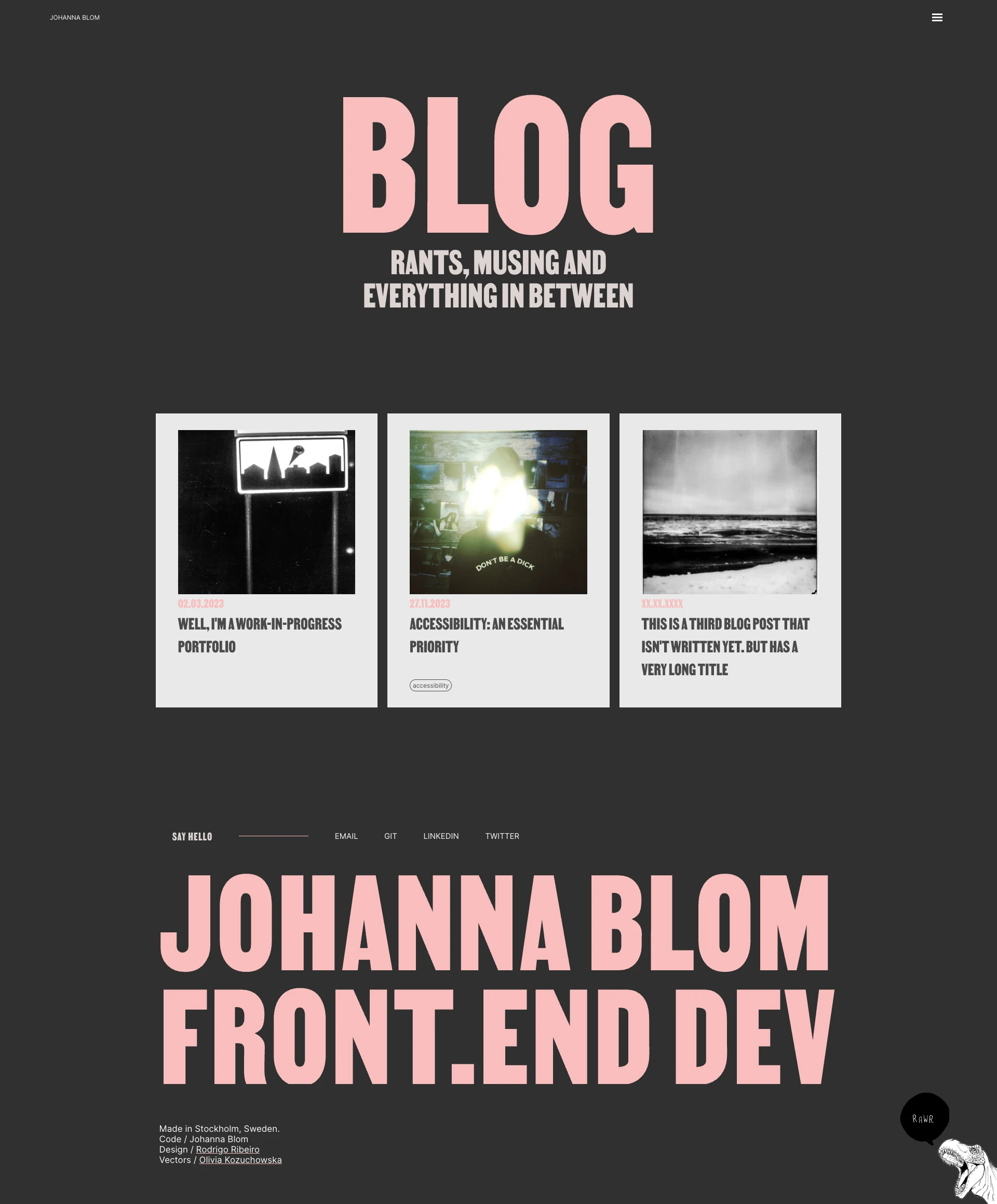 Johanna Blom Landing Page Example: Explore my web development portfolio featuring React, GSAP, and CSS projects.