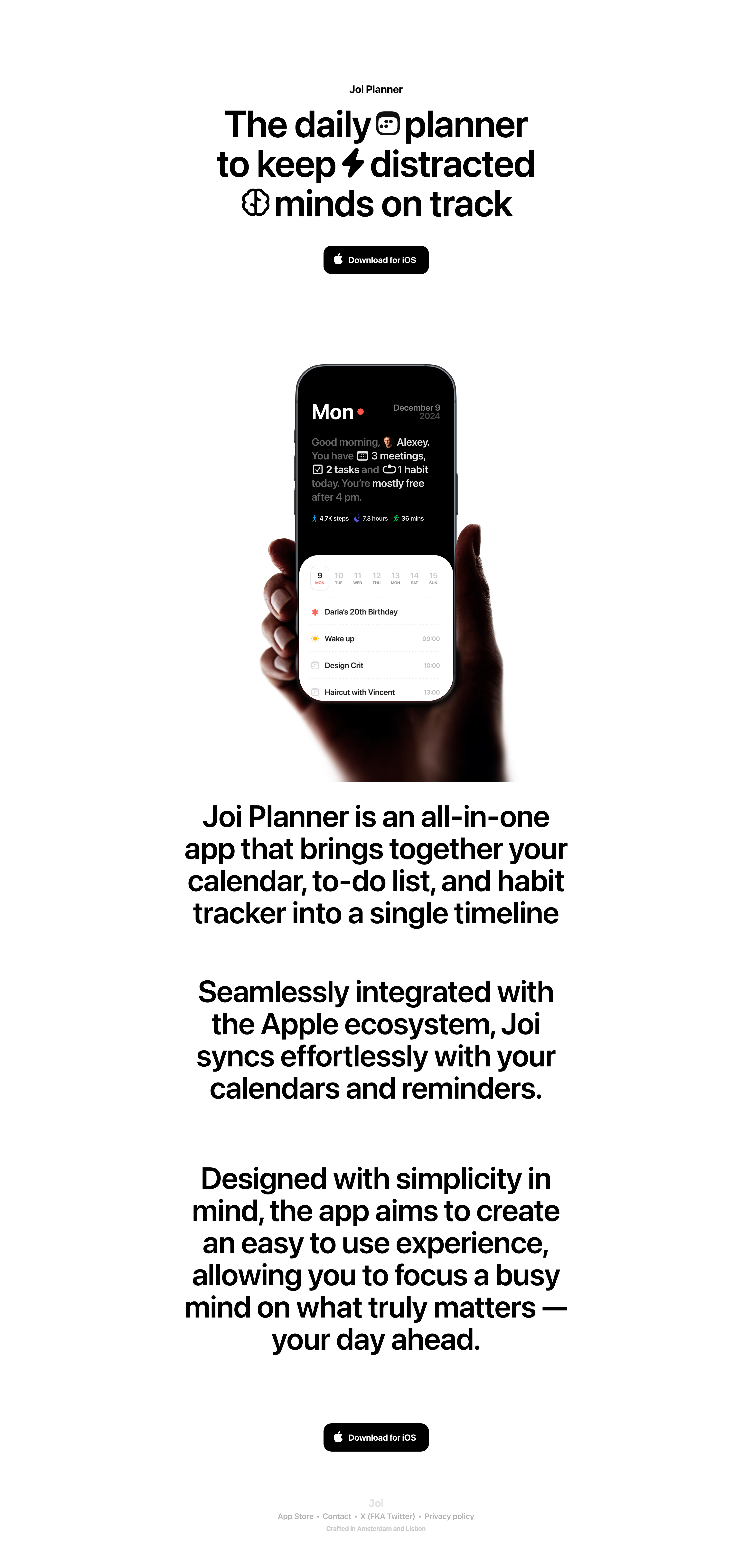 Joi Planner Landing Page Example: The daily planner to keep distracted minds on track. A simple, minimalistic planner that helps you focus on what matters most. With a clean design and intuitive layout, Joi Planner is the perfect tool for anyone looking to boost their productivity and stay organized.