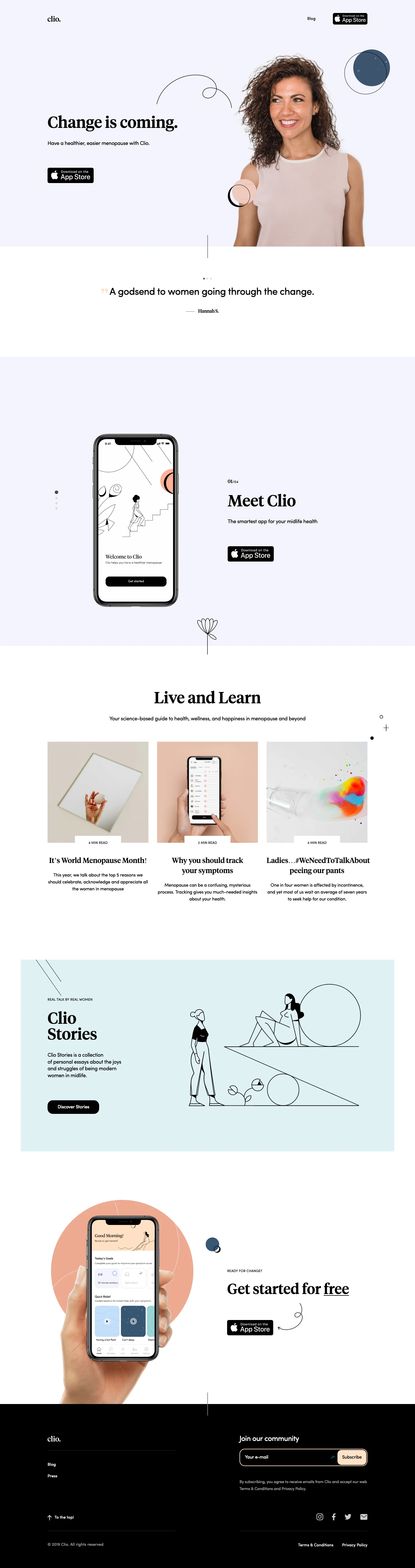 Clio Landing Page Example: Clio is the smartest app to help you through every stage of your menopause journey. Track your symptoms, get personalized insights, and find relief.
