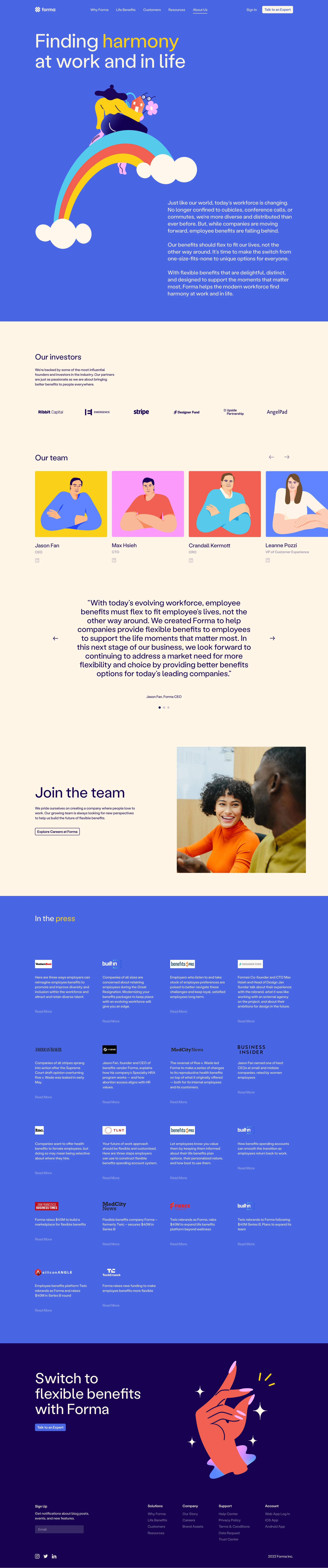Forma Landing Page Example: Employee benefits that flex to fit everyone’s life. The Life Benefits Platform making it easy to design and scale flexible benefits programs—whether your workforce is onsite, remote, or global.