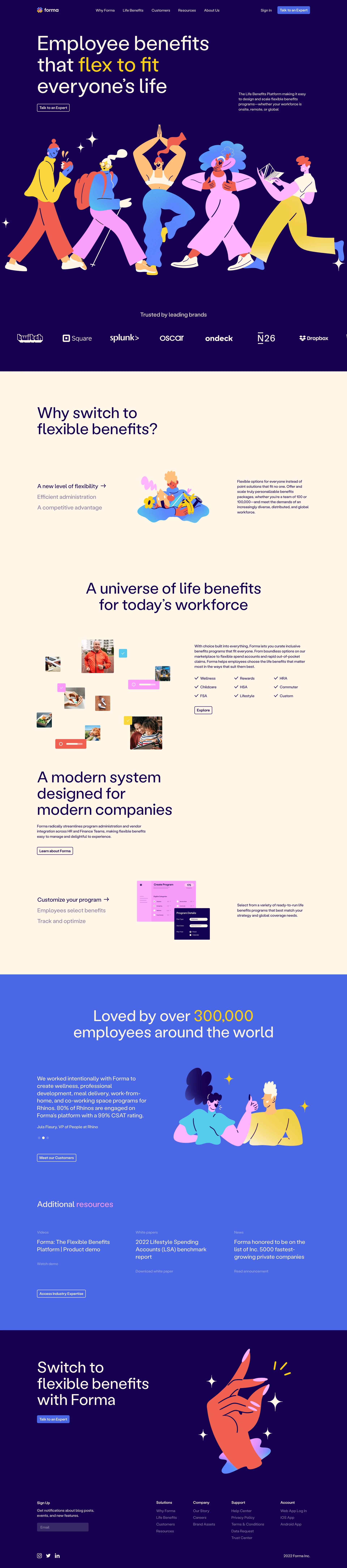 Forma Landing Page Example: Employee benefits that flex to fit everyone’s life. The Life Benefits Platform making it easy to design and scale flexible benefits programs—whether your workforce is onsite, remote, or global.