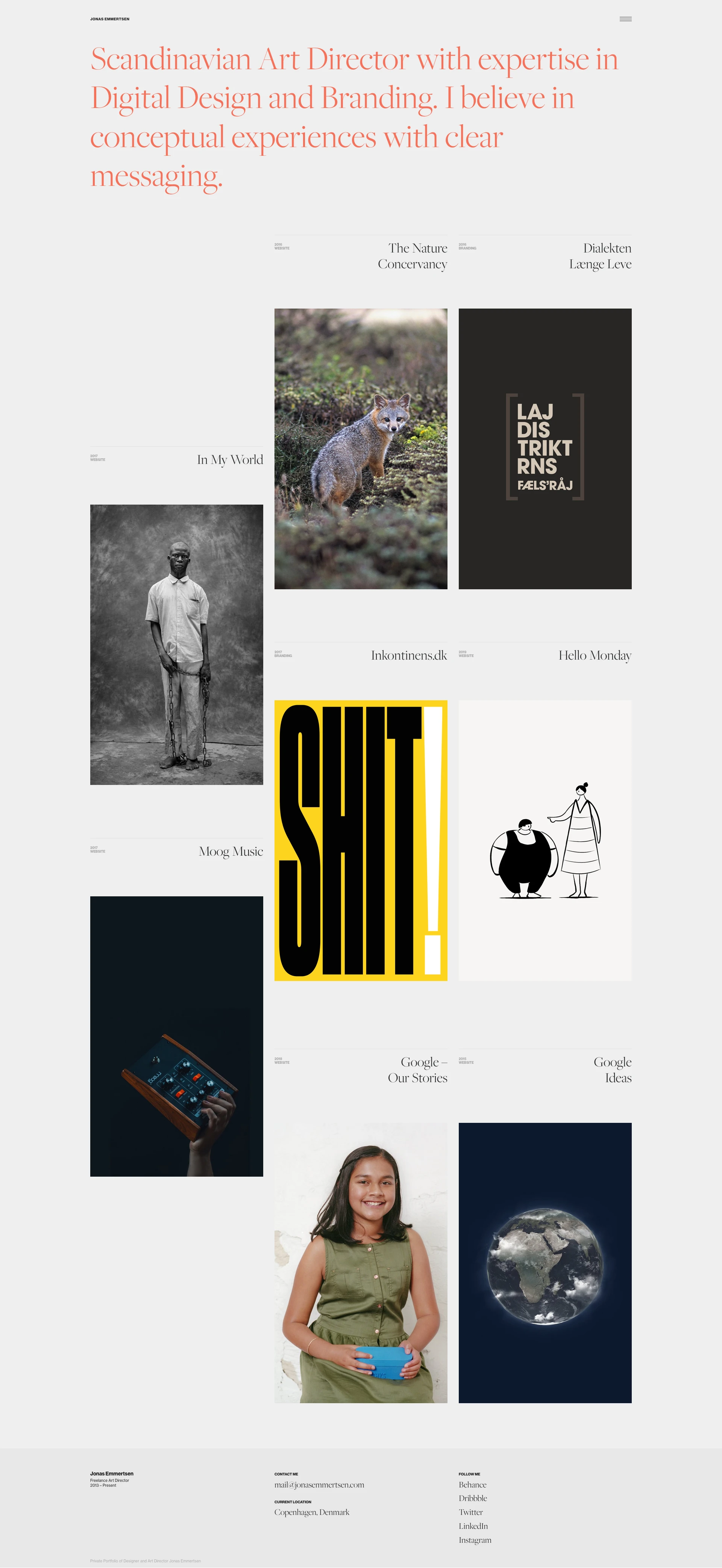 Jonas Emmertsen Landing Page Example: Scandinavian Art Director with expertise in Digital Design and Branding. I believe in conceptual experiences with clear messaging.