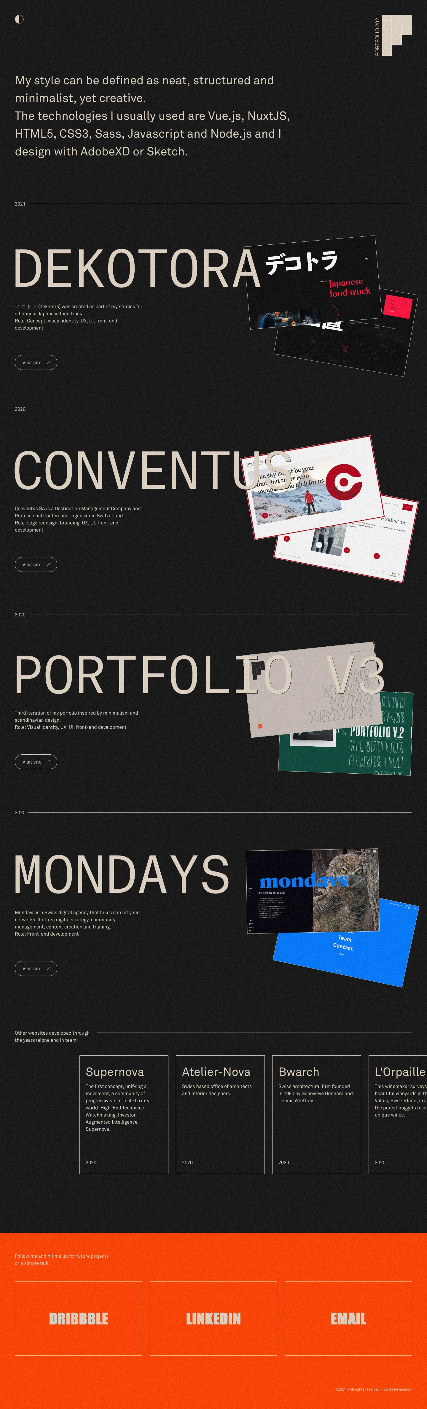 Jonas Reymondin Landing Page Example: Portfolio of Jonas Reymondin, a Creative Front-end Developer based in Switzerland. He works at bebold and is always looking for exciting projects.