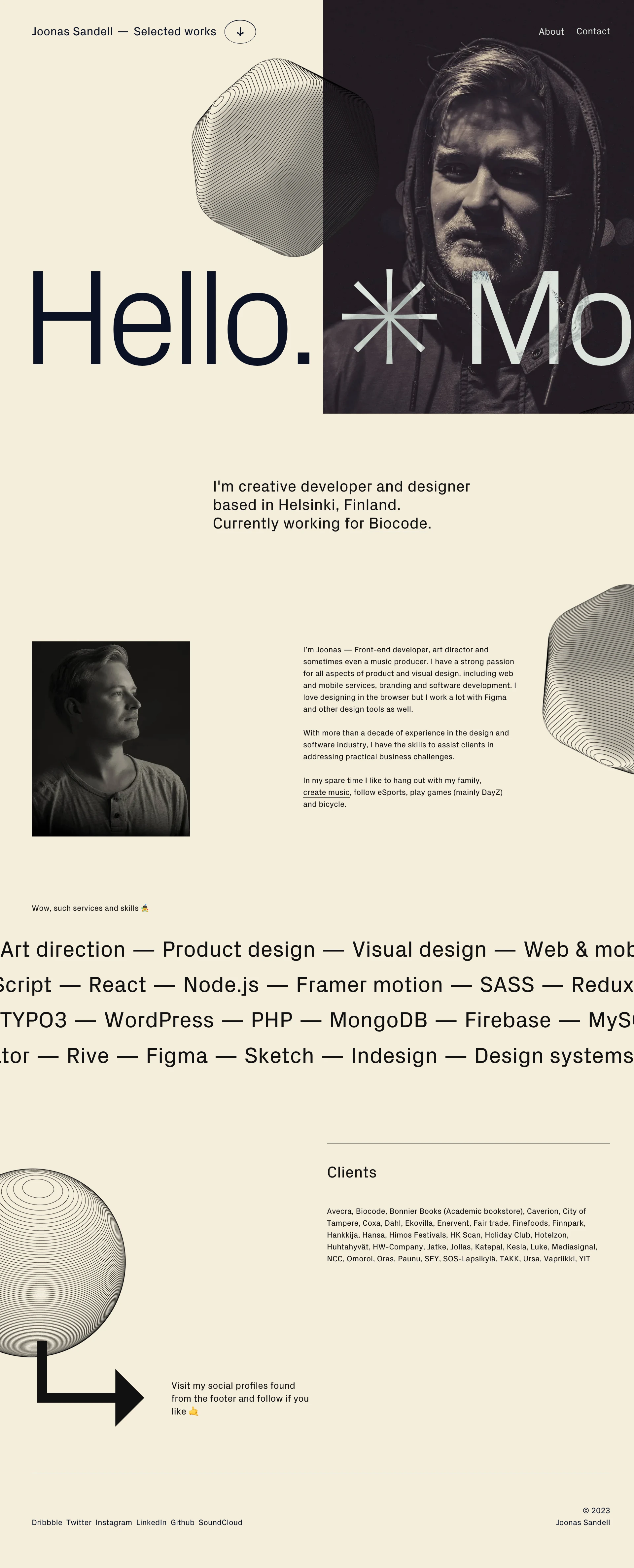 Joonas Sandell Landing Page Example: Portfolio of Joonas Sandell, UI/UX designer and creative developer of things that usually appear on screens.