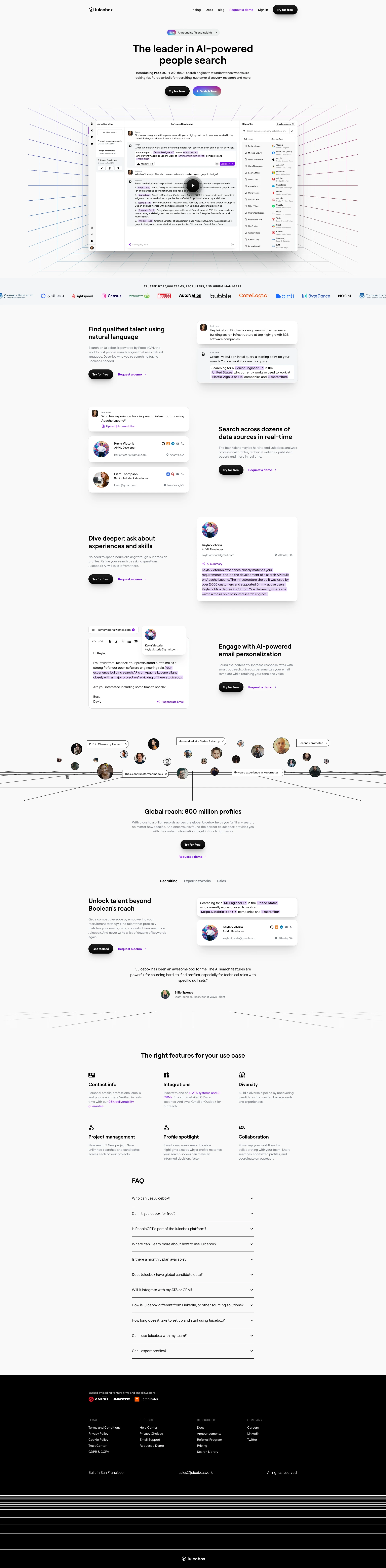 Juicebox Landing Page Example: The leader in AI-powered people search. Introducing PeopleGPT, the AI search engine that understands who you're looking for. Purpose-built for recruiting, customer discovery, research and more.