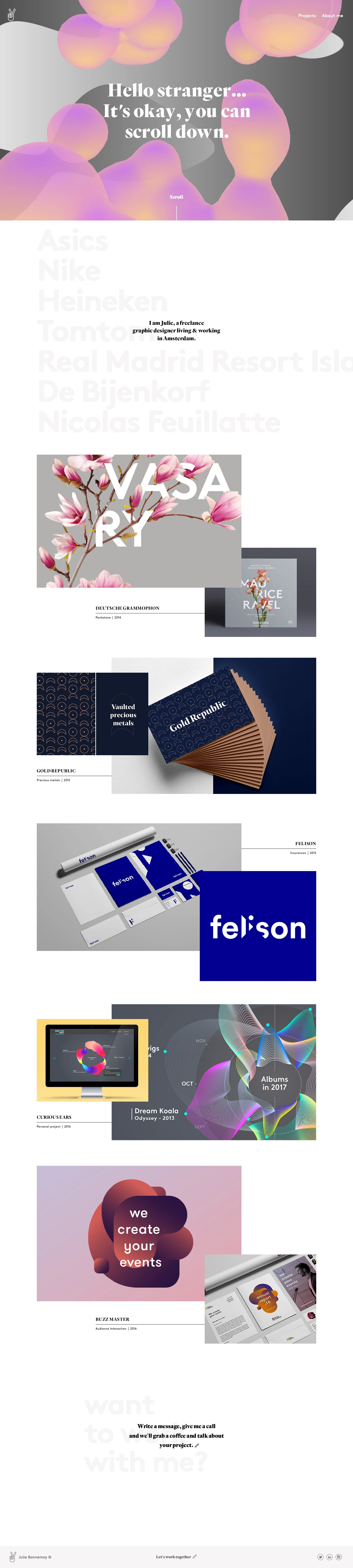 Julie Bonnemoy Landing Page Example: Amsterdam based art director specialized in branding, packaging, retail communication and web design.