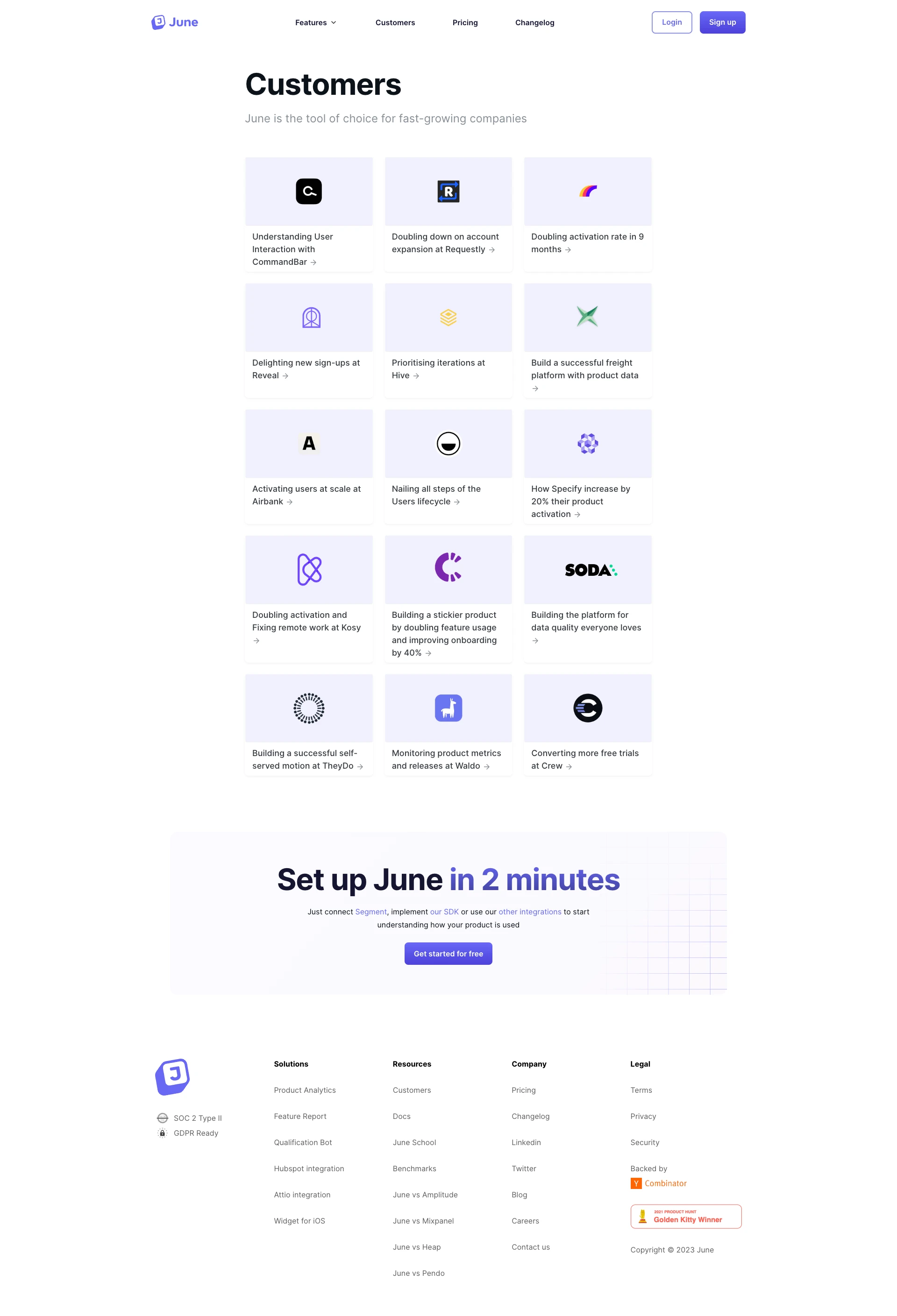 June Landing Page Example: A new way to do product analytics. June is the only product analytics tool that gives you auto-generated reports focused on companies.