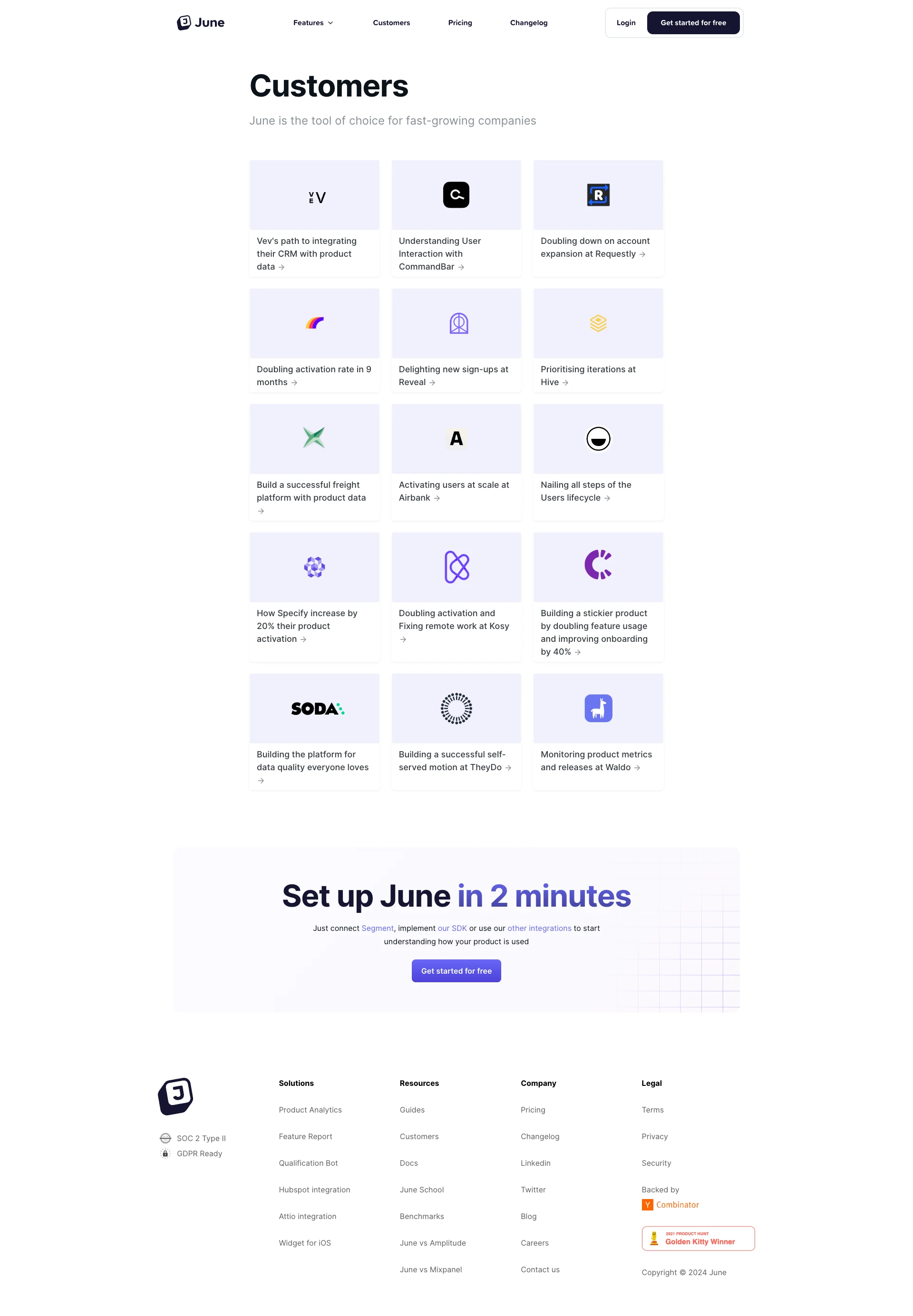 June Landing Page Example: June is a product analytics for B2B SaaS. Get auto-generated reports focused on how companies use your product.