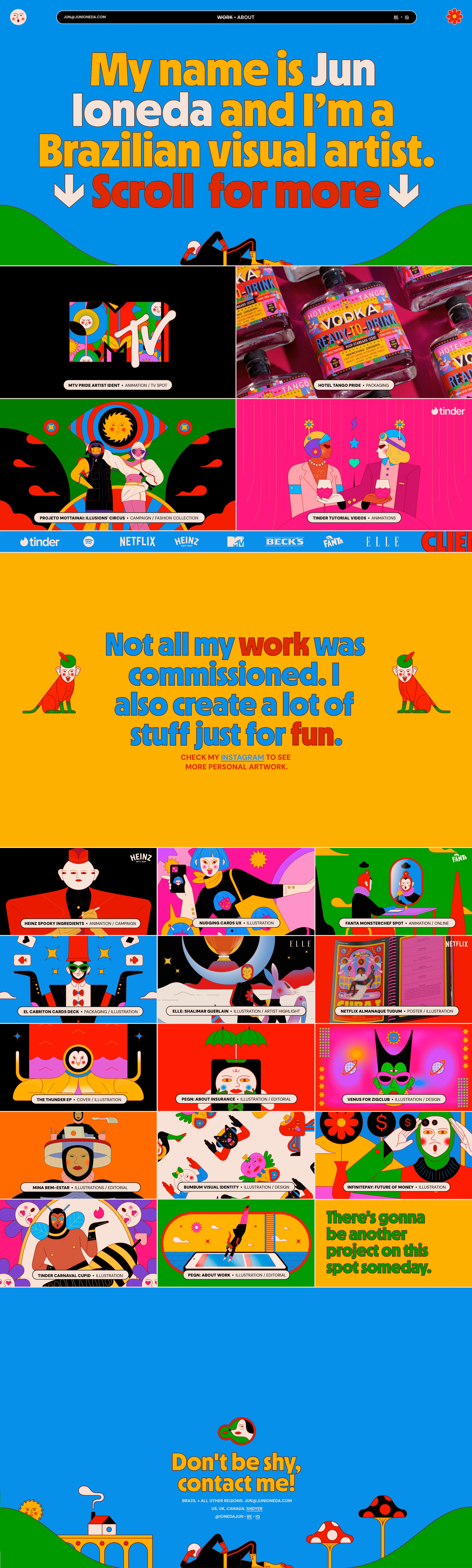 Jun Ioneda Landing Page Example: I’m a graphic artist from São Paulo, Brazil. I’ve been leading illustration projects both as a solo multidisciplinary artist and as head of my own illustration studio, Barca.