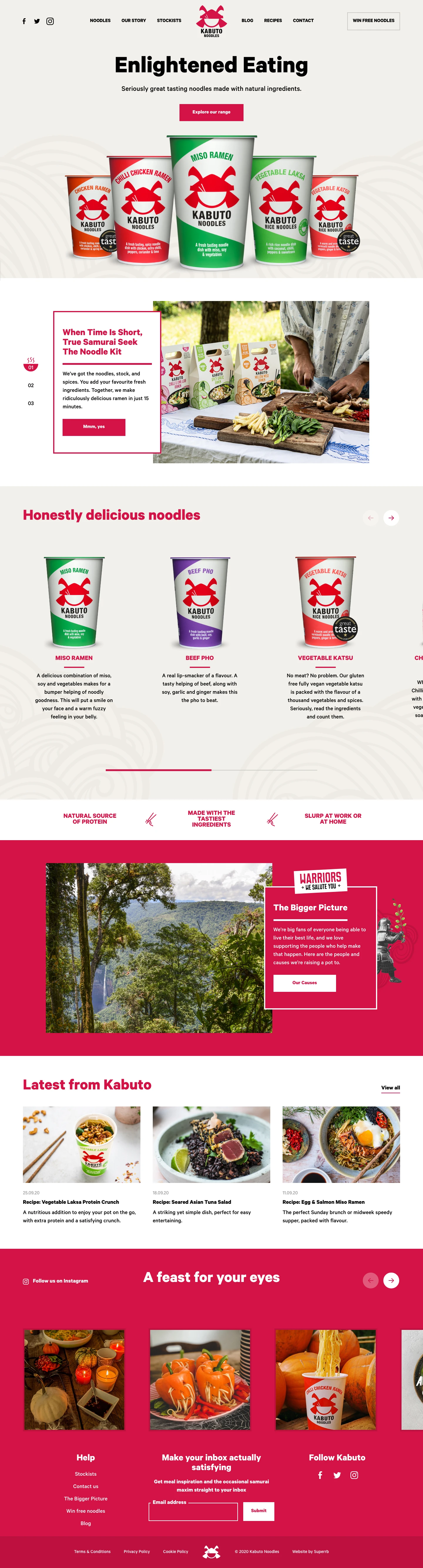 Kabuto Noodles Landing Page Example: Eat the noodles your taste buds deserve. Seriously great tasting noodles made with quality natural ingredients. Inspired by authentic, healthy recipes from across Asia.