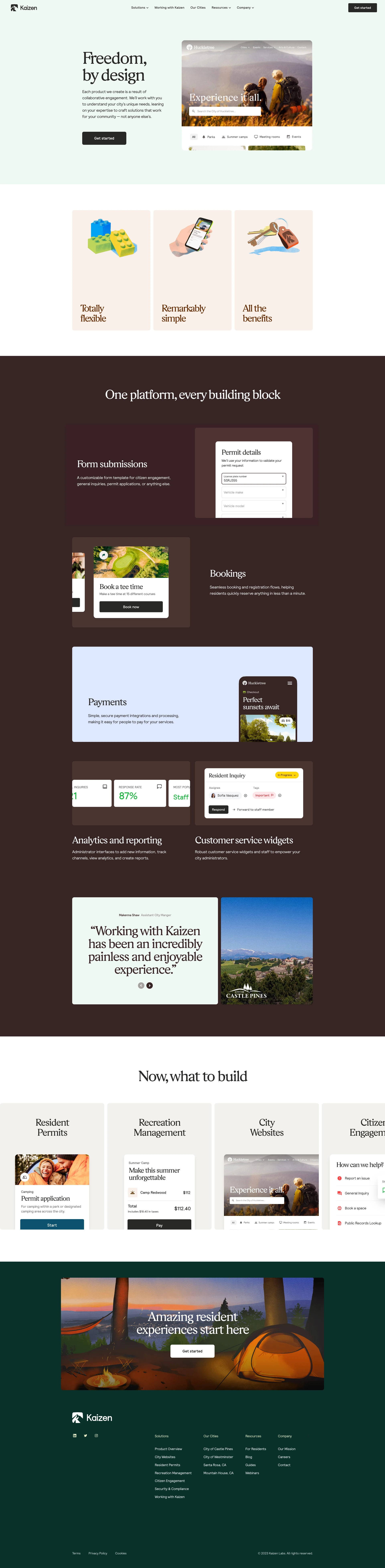 Kaizen Landing Page Example: Create digital worlds, let your communities thrive. Kaizen Labs helps city administrators transform resident experiences with simple digital products like websites, resident permitting, and recreation management.