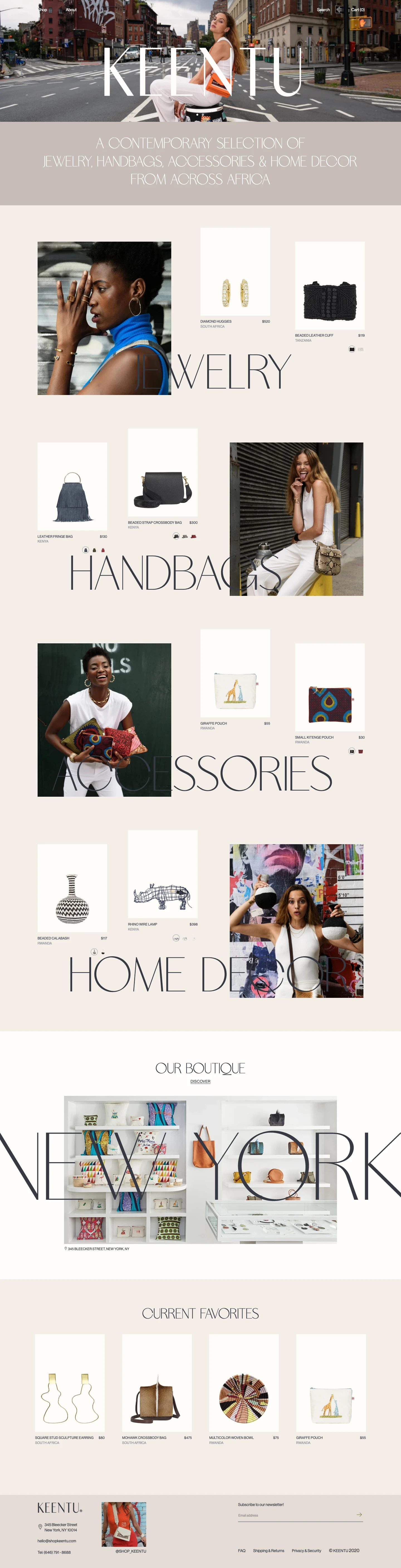 KEENTU Landing Page Example: Contemporary Selection of Jewelry, Handbags, Accessories and Home Décor from Across Africa.