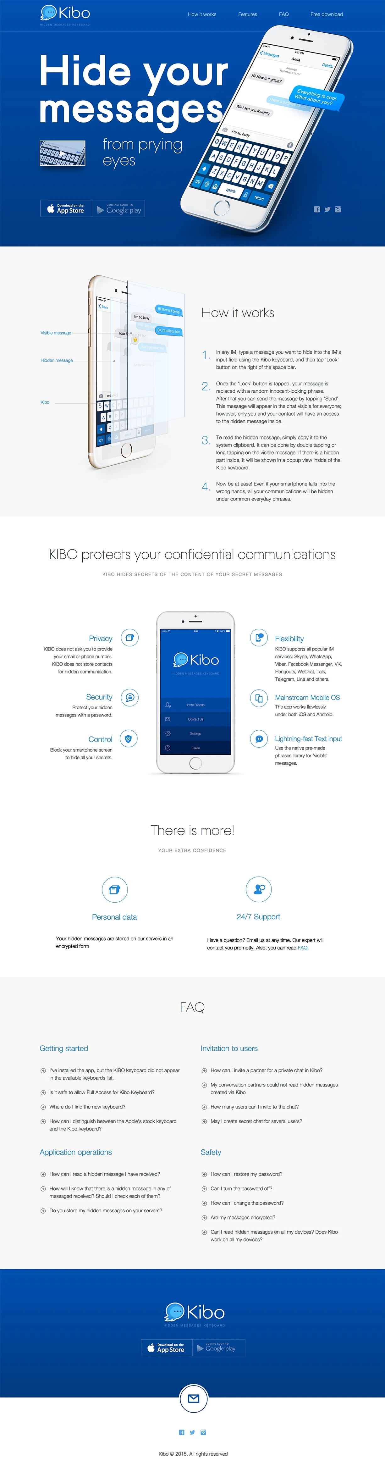 Kibo Landing Page Example: Kibo App protects your messages and safe your secrets in popular messengers and social networks. Furthermore, you'll be able to add hidden text into a regular message, available only to you and your contact