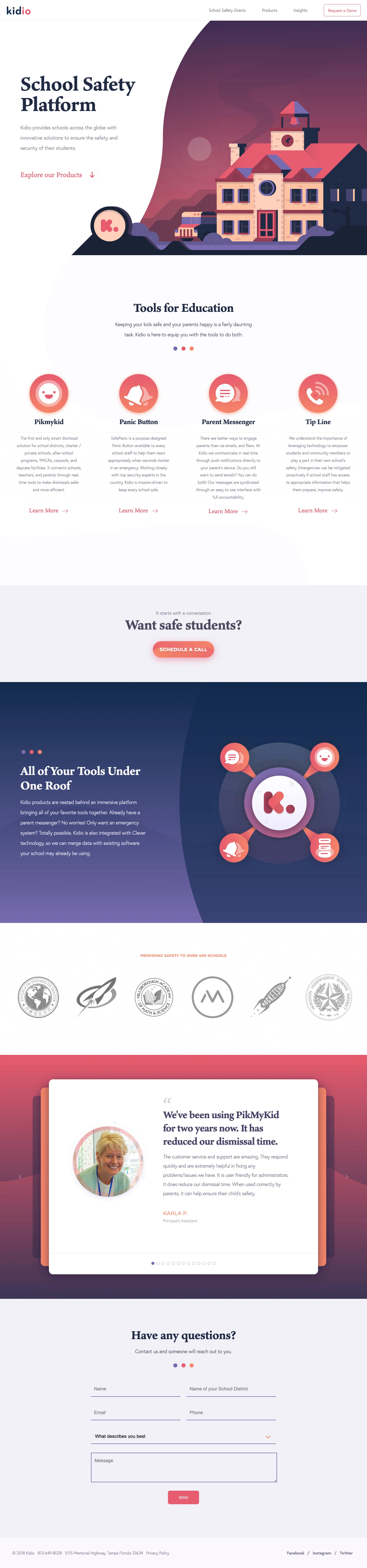 Kidio Landing Page Example: Kidio provides schools across the globe with innovative solutions to ensure the safety and security of their students.