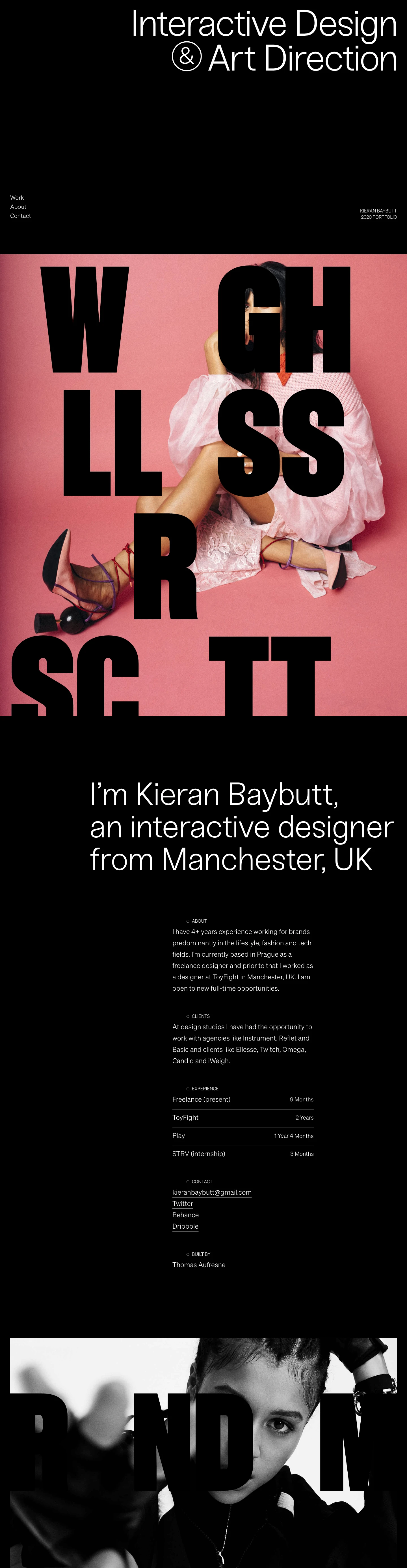 Kieran Baybutt Landing Page Example: I’m Kieran Baybutt, an interactive designer from Manchester, UK. I have 4+ years experience and I'm currently based in Prague.