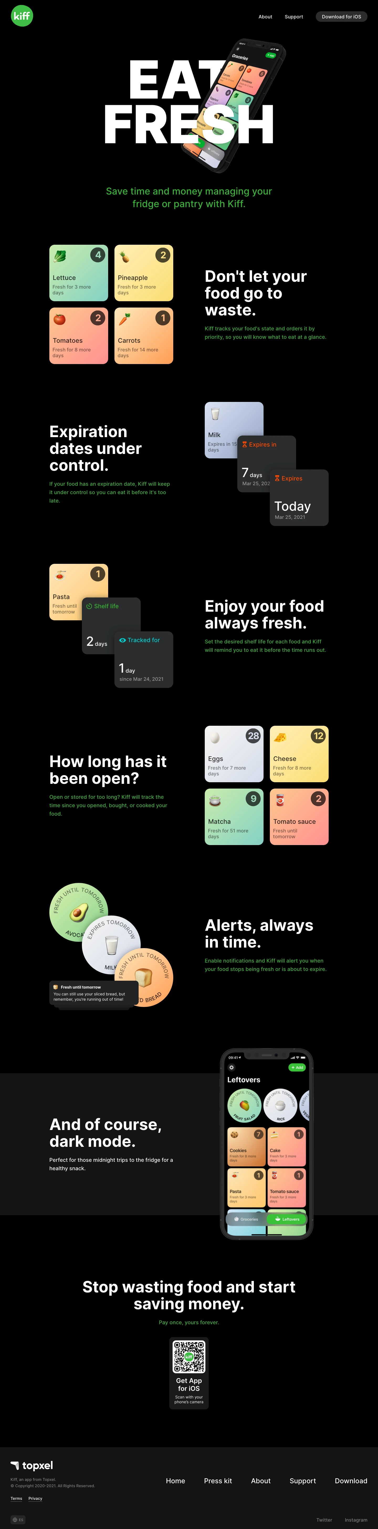 Kiff Landing Page Example: Save time and money managing your fridge or pantry with Kiff. Eat your food always fresh, and don't let anything go to waste.