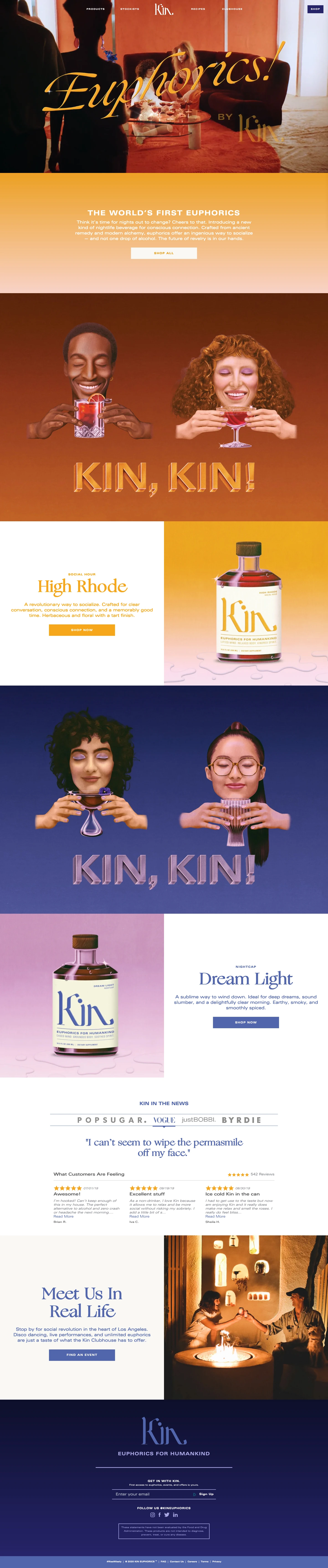 Kin Euphorics Landing Page Example: All bliss, No booze rise into the night and take back our morning afters.