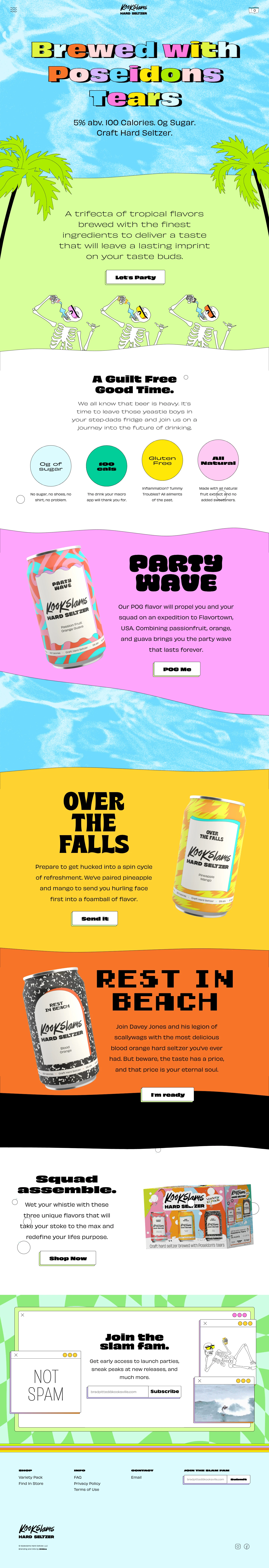 Kookslams Hard Seltzer Landing Page Example: A trifecta of tropical flavors brewed with the finest ingredients to deliver a taste that will leave a lasting imprint on your taste buds.