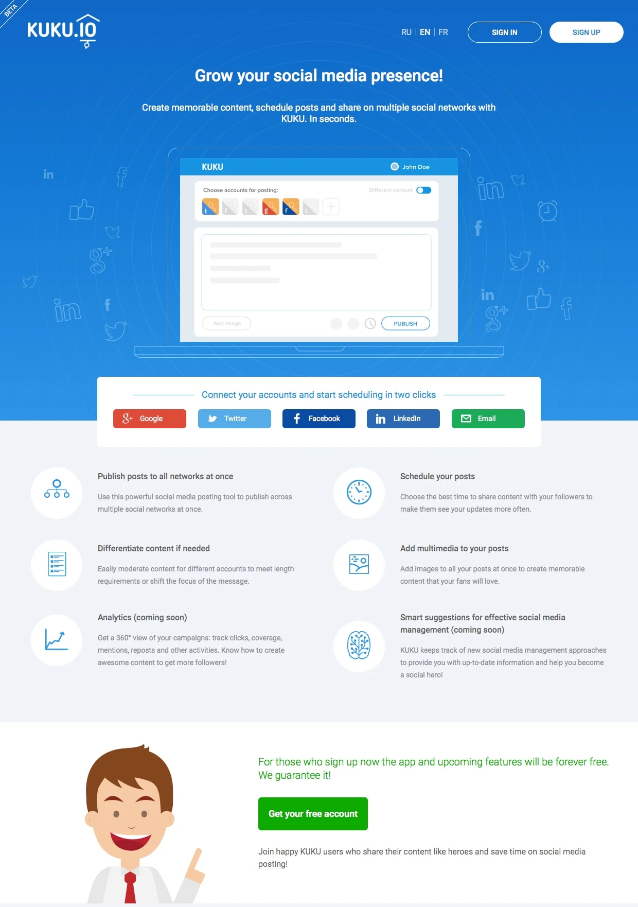KUKU Landing Page Example: Create memorable content, schedule posts and share on multiple social networks with KUKU. In seconds.