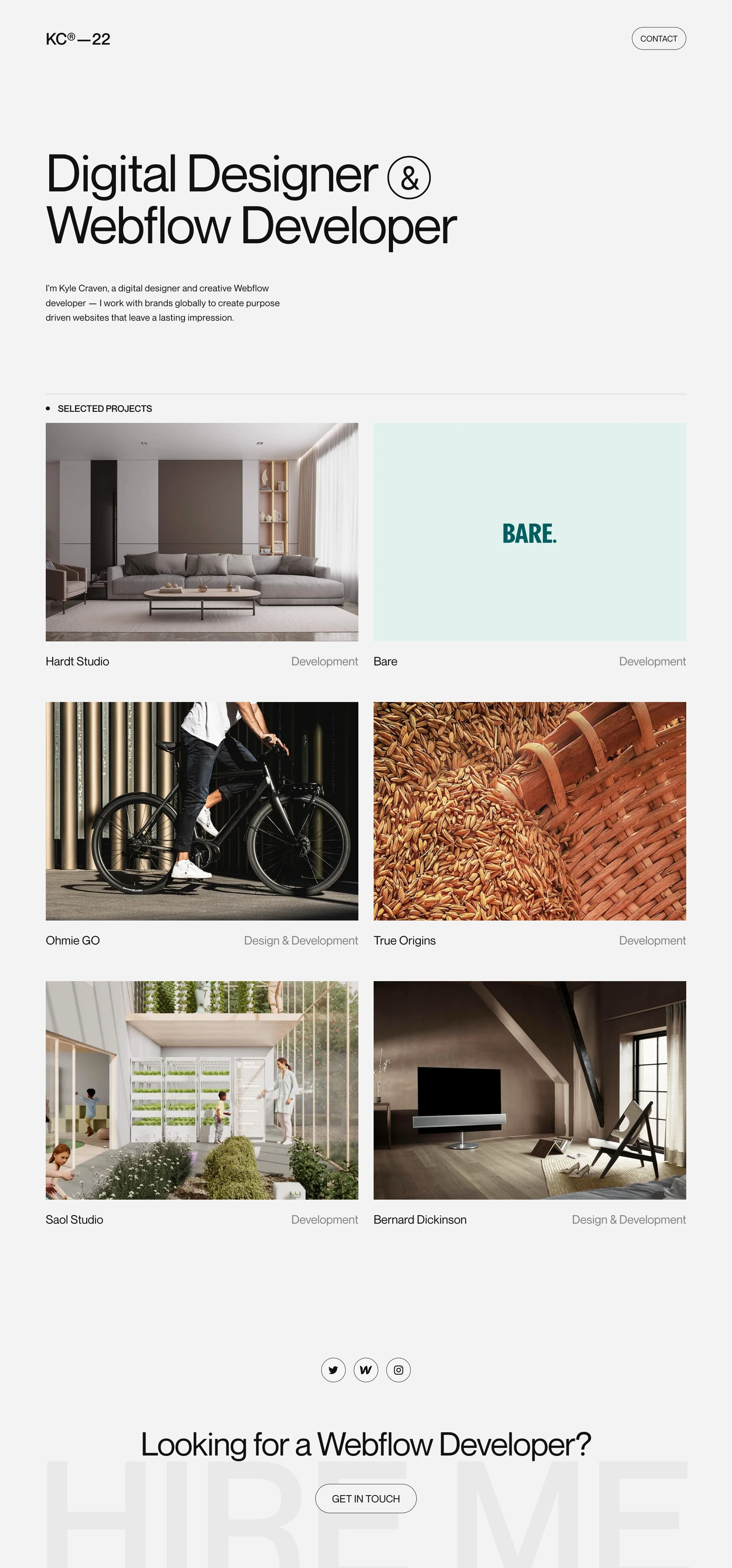 Kyle Craven Landing Page Example: I'm Kyle Craven, a digital designer and creative Webflow developer — I work with brands globally to create purpose driven websites that leave a lasting impression.