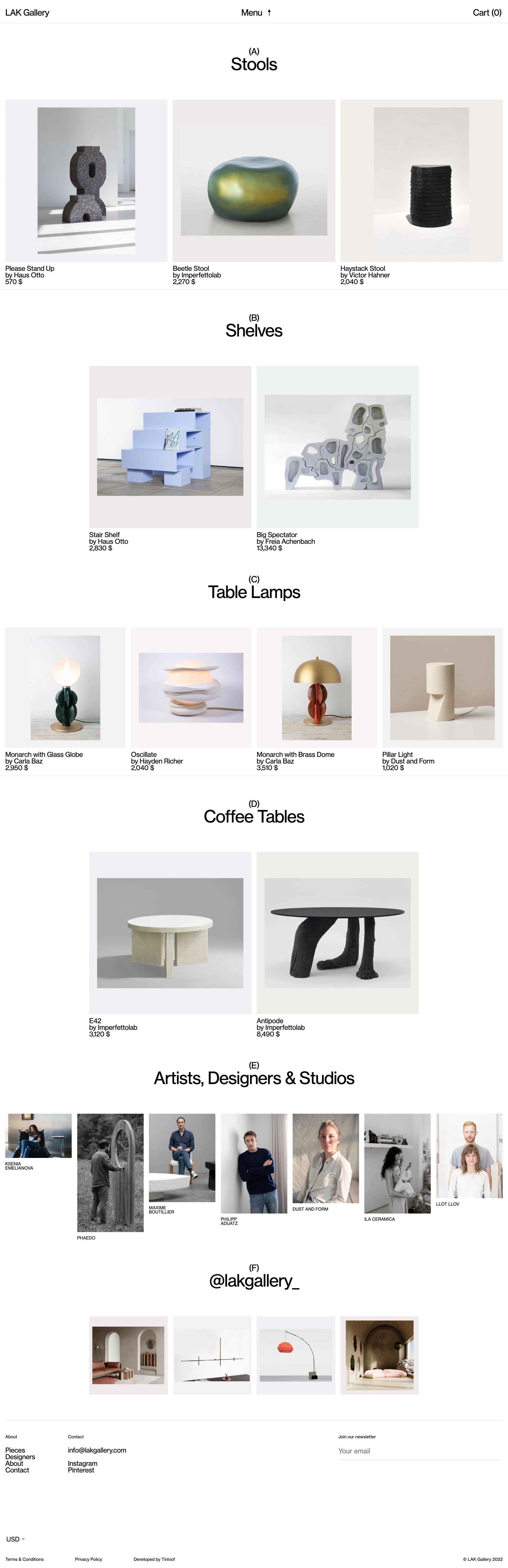 LAK Gallery Landing Page Example: LAK Gallery is an international design gallery with the goal of bridging the gap between collectors and creators of collectible design.