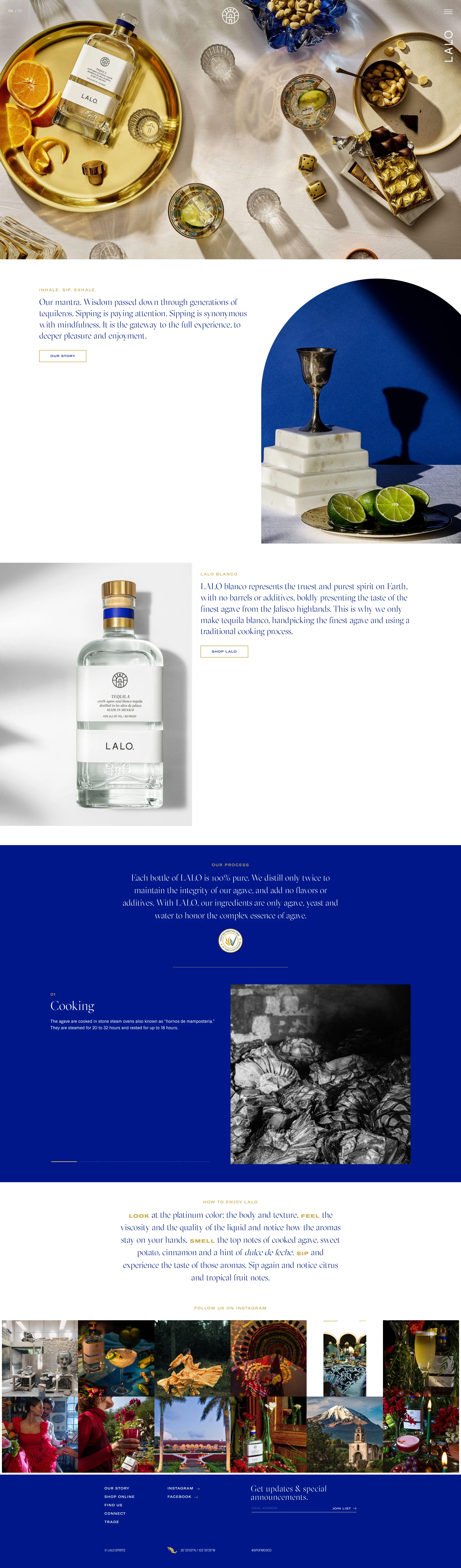 LALO Tequila Landing Page Example: LALO Tequila Blanco represents the truest and purest spirit on Earth, with no barrels or additives, boldly presenting the taste of the finest agave from the Jalisco highlands.