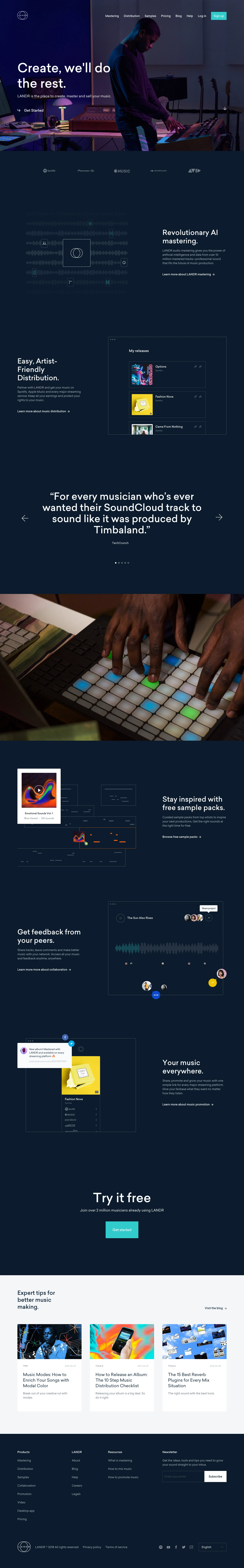 LANDR Landing Page Example: LANDR is online music software for creators: music mastering, digital music distribution, free sample packs, collaboration tools, music promotion, and more.