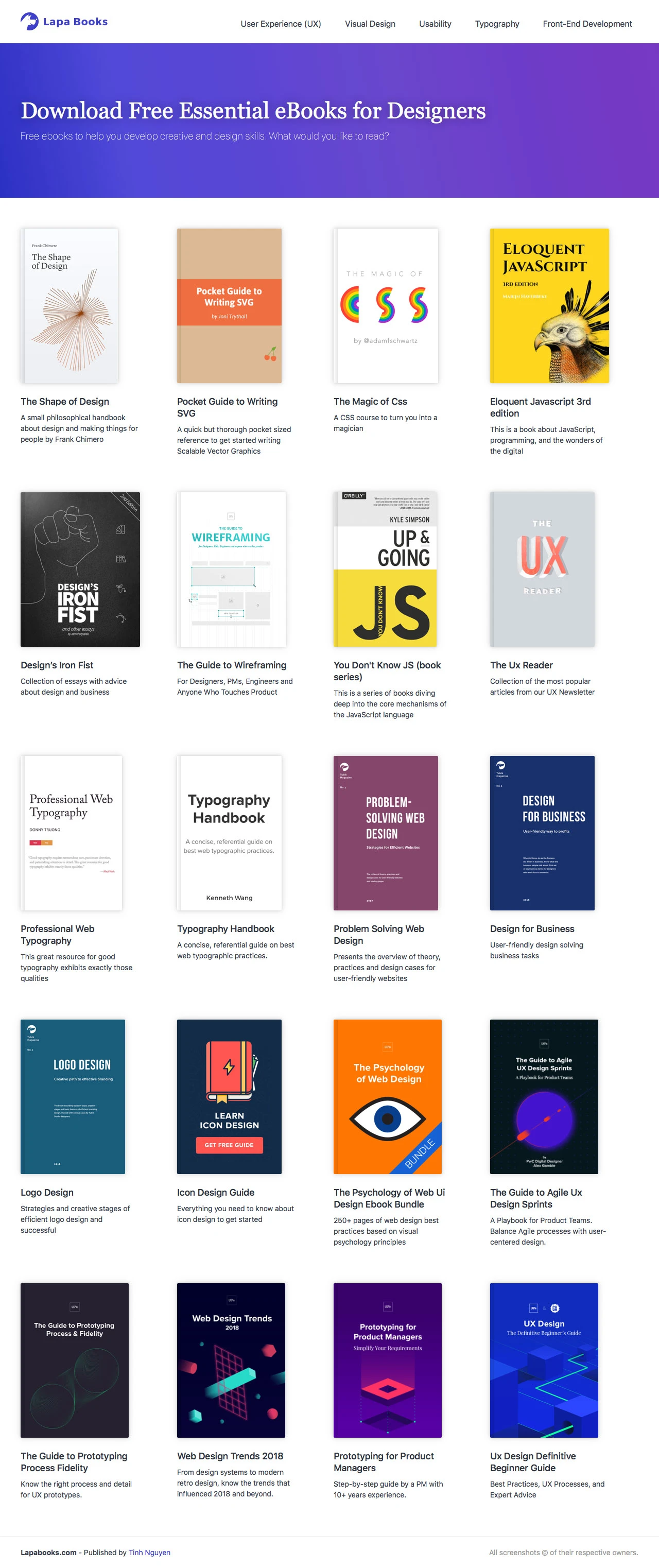 Lapa Books Landing Page Example: Download Free Essential eBooks for Designers. Free ebooks to help you develop creative and design skills. What would you like to read?