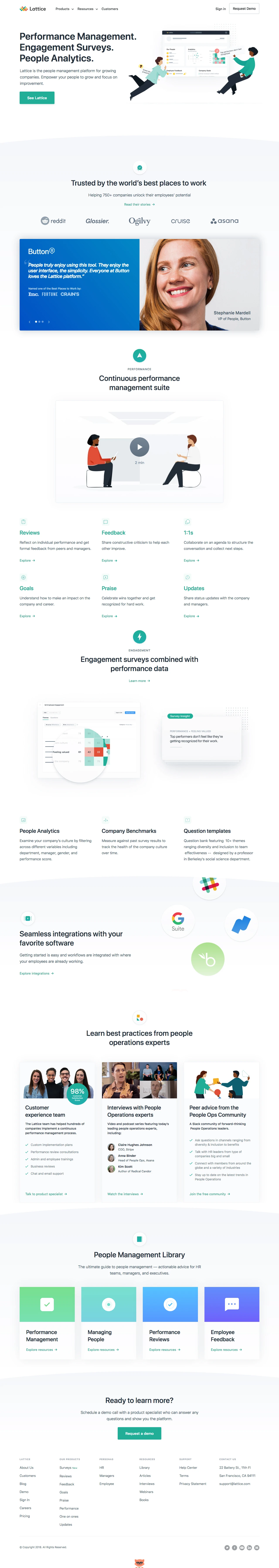 Lattice Landing Page Example: Lattice is a continuous performance management system combined with employee engagement insights. With Lattice, it’s easy to launch 360 reviews, share ongoing feedback, facilitate 1:1s, set up goal tracking, and run employee engagement surveys.