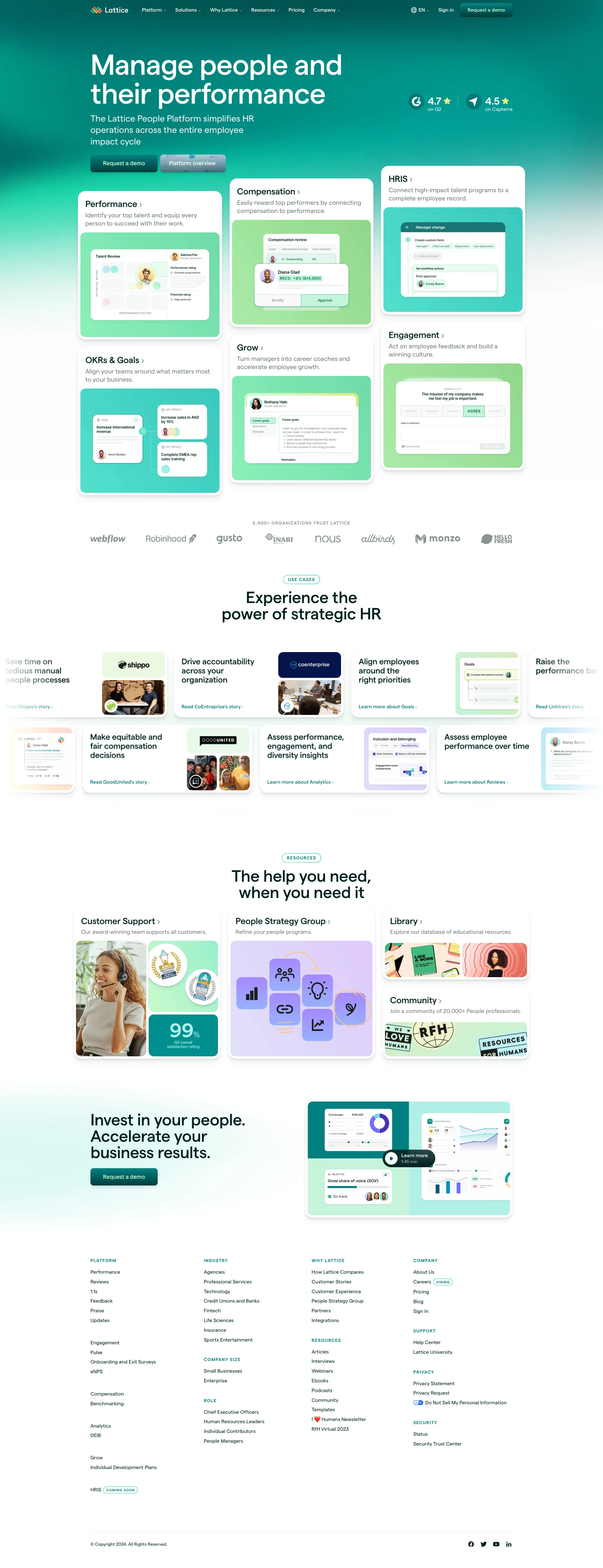 Lattice Landing Page Example: Lattice is the people management platform that empowers people leaders to build engaged, high-performing teams, inspire winning cultures, and make strategic, data-driven business decisions.