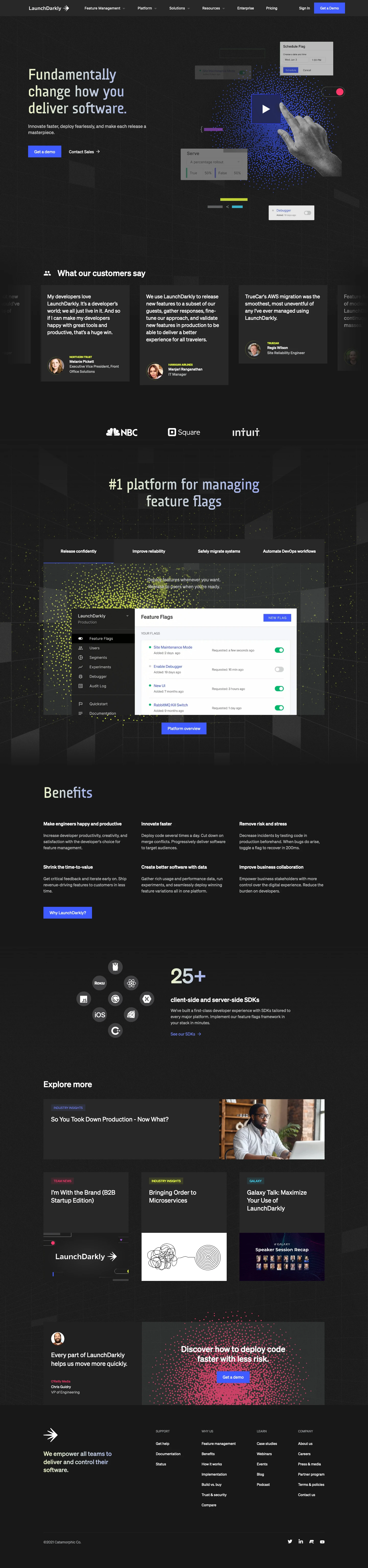 LaunchDarkly Landing Page Example: LaunchDarkly provides fast, scalable feature flag & toggle management (feature management) for the modern enterprise. Increase your deployment velocity, software reliability, and release confidence with the developer’s choice for feature management.