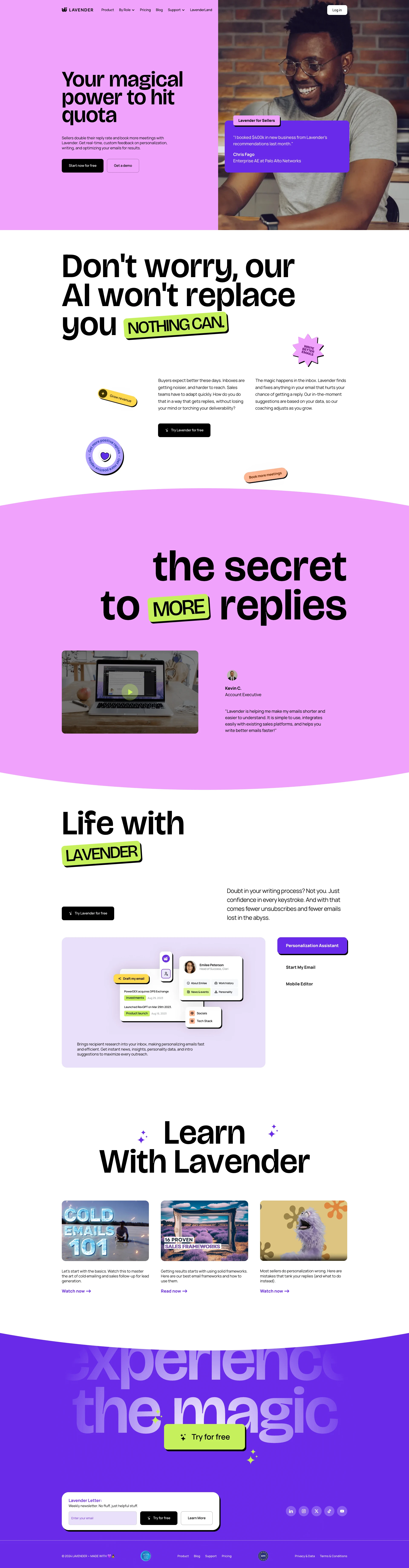 Lavender Landing Page Example: Lavender helps thousands of sellers around the world write better emails faster and get more positive replies in less time.