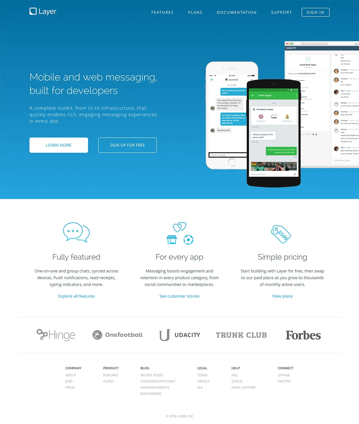 Layer Landing Page Example: Mobile and web messaging, built for developers.