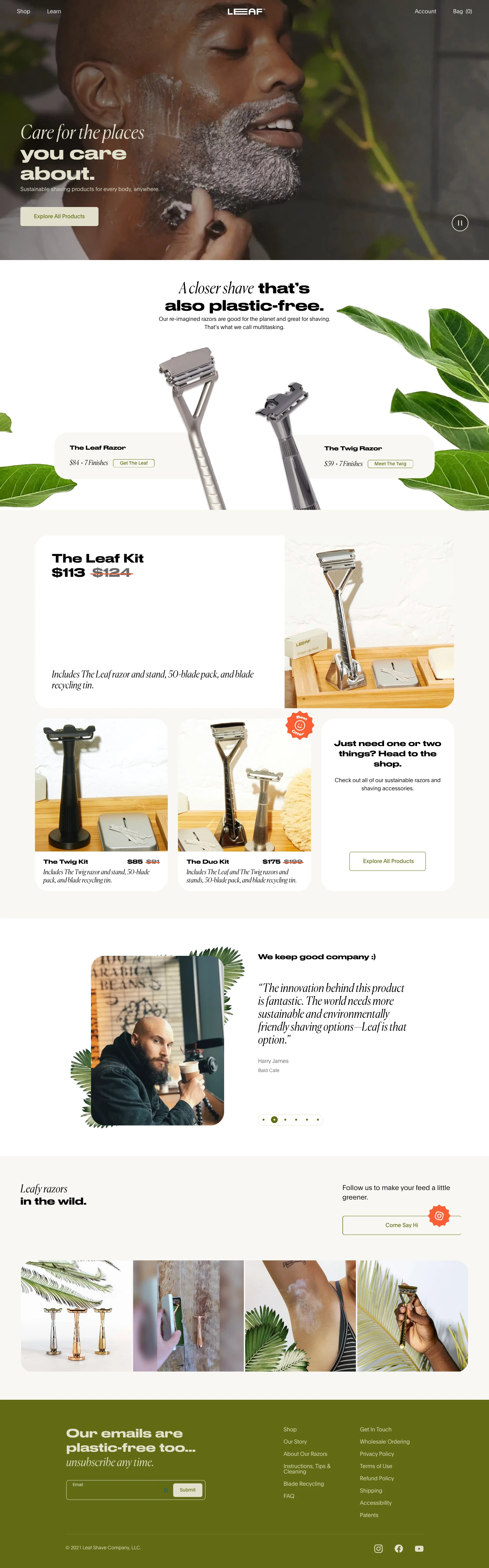 Leaf Shave Landing Page Example: Home of the pivoting-head safety razor, The Leaf. The easiest way to make the swap from plastic razors to all-metal fully recyclable shaving.