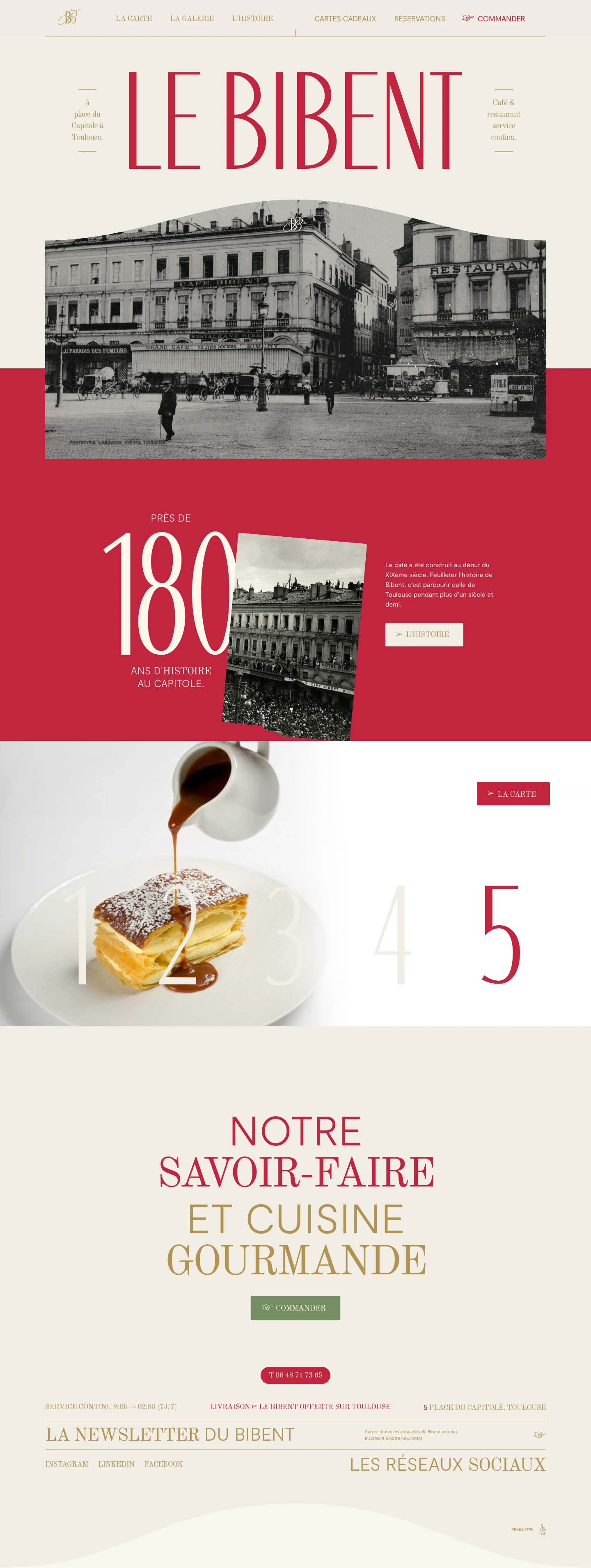 Le Bibent Landing Page Example: Café & restaurant continuous service. The café was built at the beginning of the 19th century. To leaf through the history of Bibent is to explore that of Toulouse for more than a century and a half.