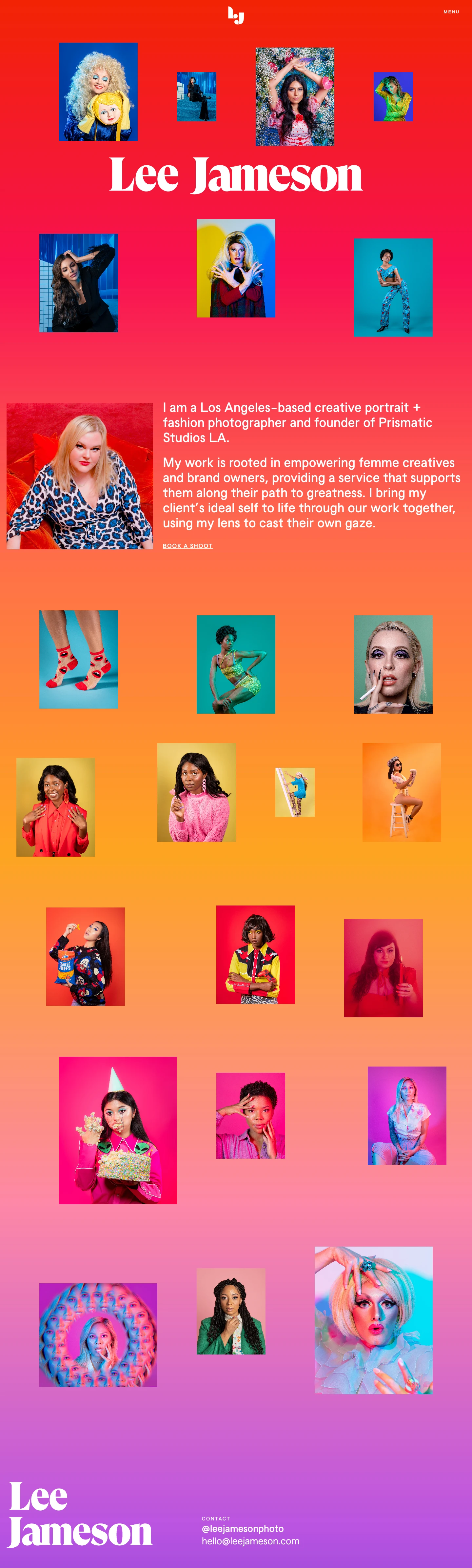 Lee Jameson Landing Page Example: Lee Jameson is a Los Angeles-based creative portrait + fashion photographer and founder of Prismatic Studios LA. Her work primarily focuses on highlighting intersectional feminist subjects and spaces in Los Angeles.