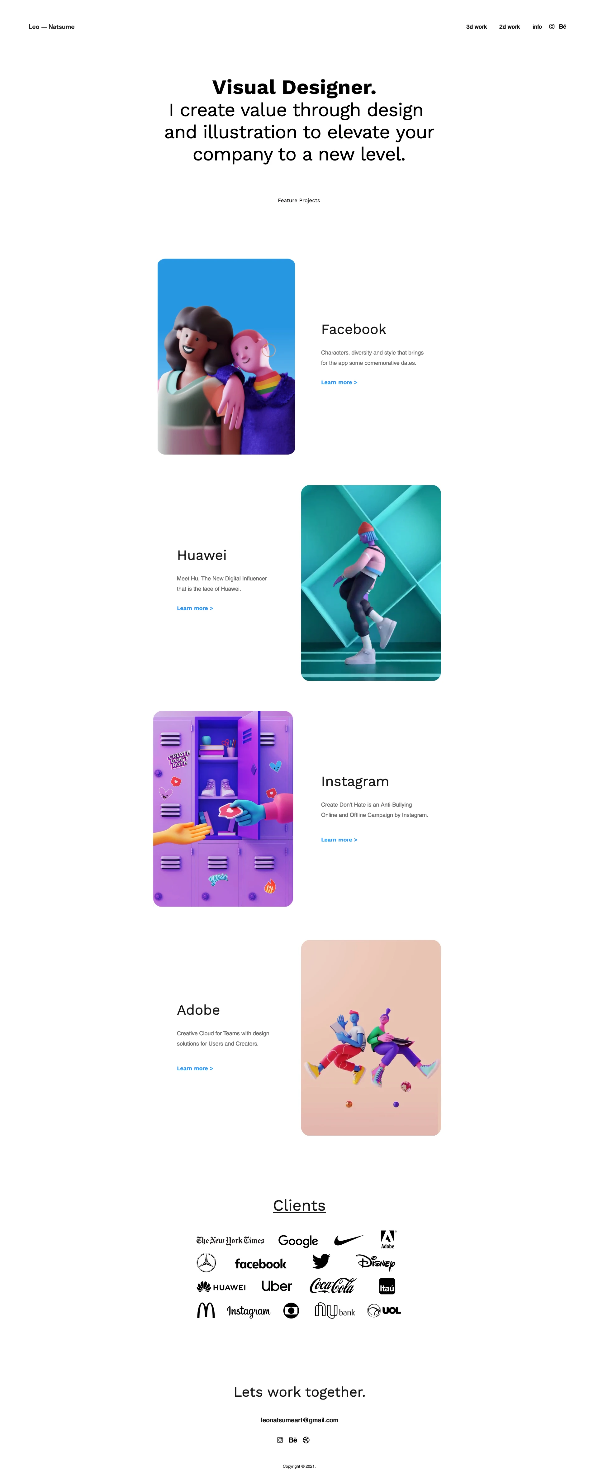 Leo Natsume Landing Page Example: I create value through design and illustration to elevate your company to a new level.