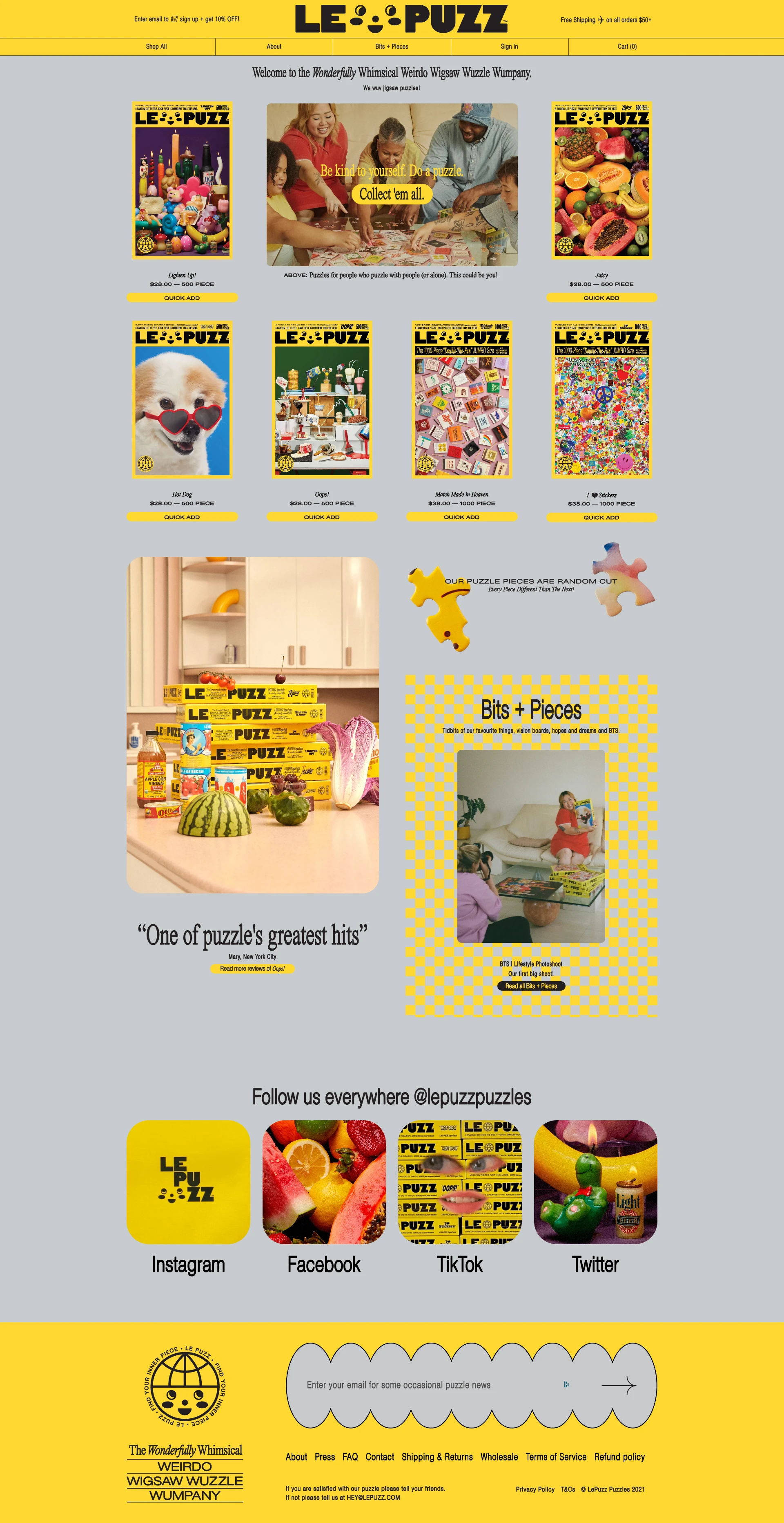 Le Puzz Landing Page Example: We’re Le Puzz and we love jigsaw puzzles! We collect them, we do them with friends and family, we give them away and trade them when we’re finished. We especially love collecting vintage puzzles from the 60s, 70s and 80s with an odd sense of humor.